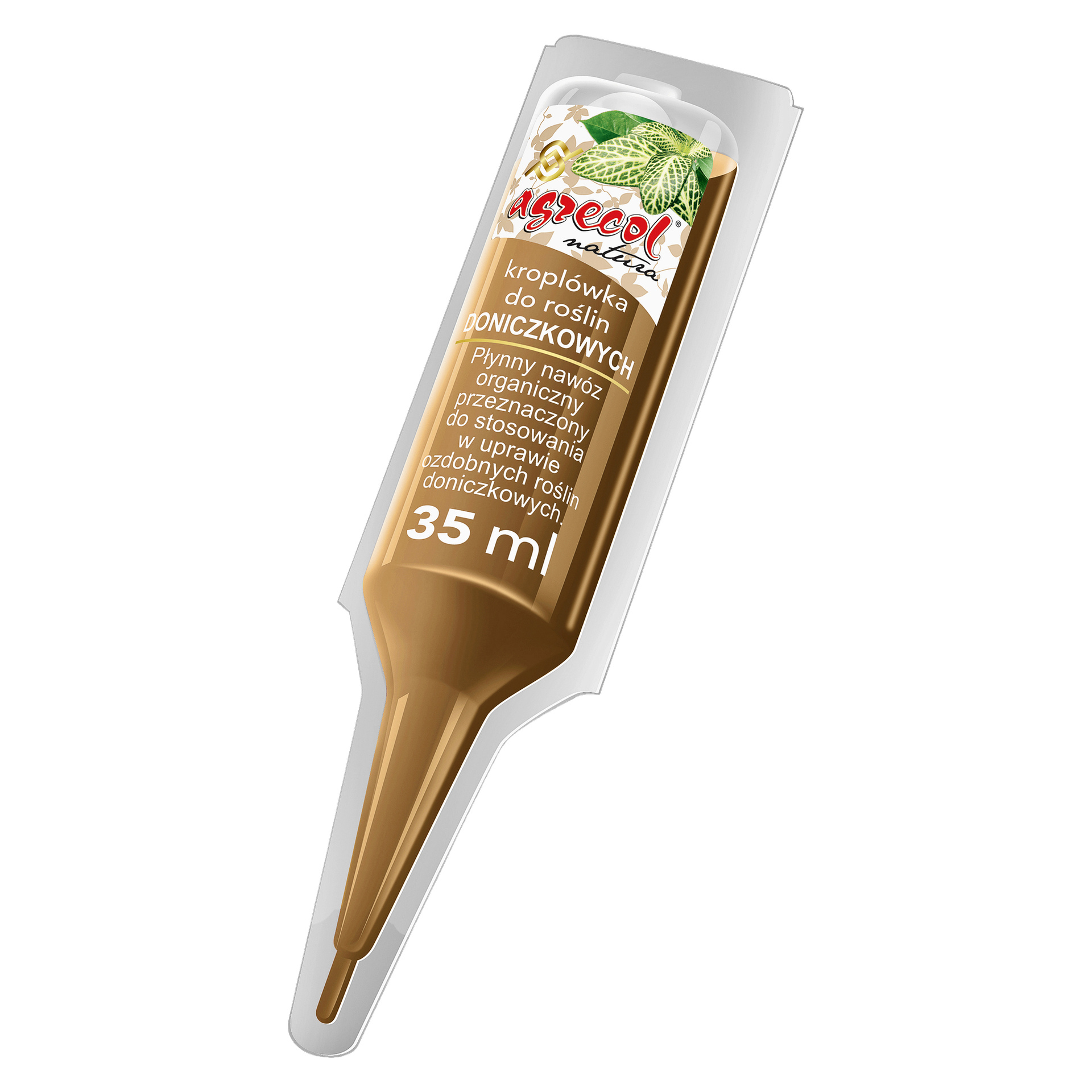 35 ml brązowa plastikowa fiolka Agrecol Plant Nutrition z etykietą z zielonymi liśćmi i różnymi szczegółami produktu z przodu, przeznaczona dla ozdobnych roślin doniczkowych.