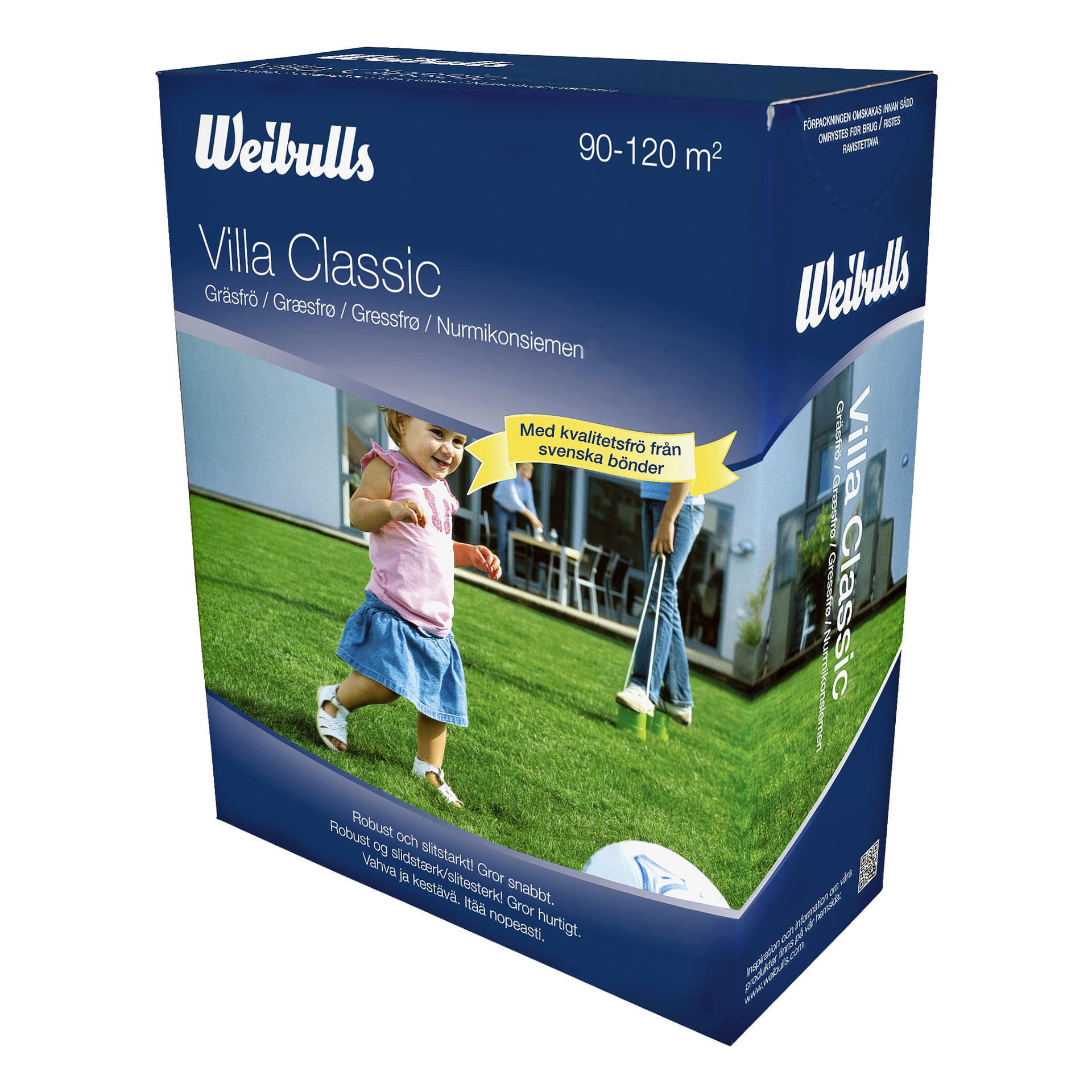 Ett blått paket med Weibulls Villa Classic-gräsfrön, markerat för att täcka 90–120 m², visar en bild av ett barn som går barfota på frodigt gräs och betonar premiumfrön från svenska odlare.