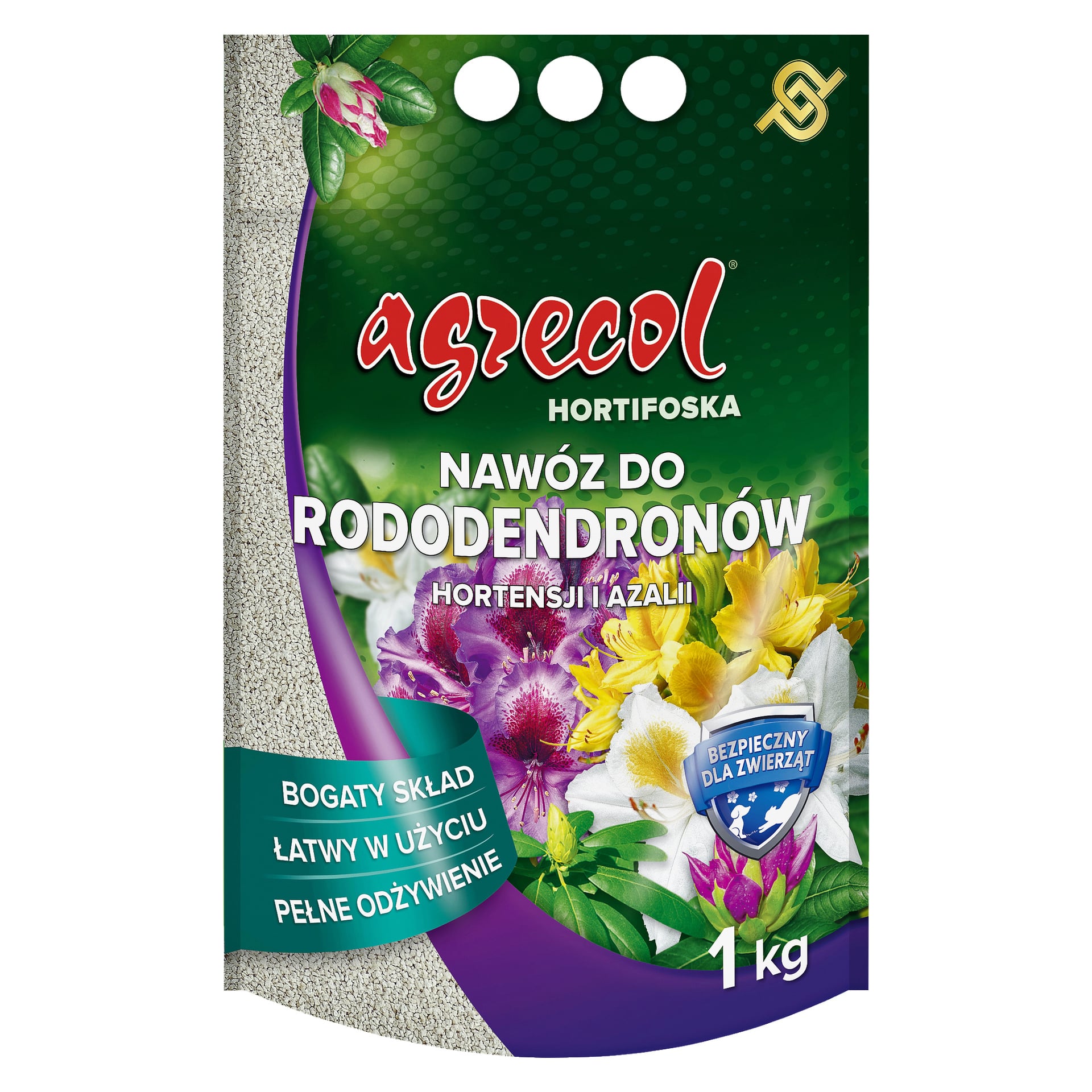 Pakiet 1 kg nawozu Agrecol Flower Fertiliser opracowany dla rododendronów, hortensji i azalii. Torba zawiera kolorowe kwiatowe motywy i prezentuje kluczowe zalety, takie jak bogata w składniki odżywcze mieszanka oraz bezpieczeństwo dla zwierząt.