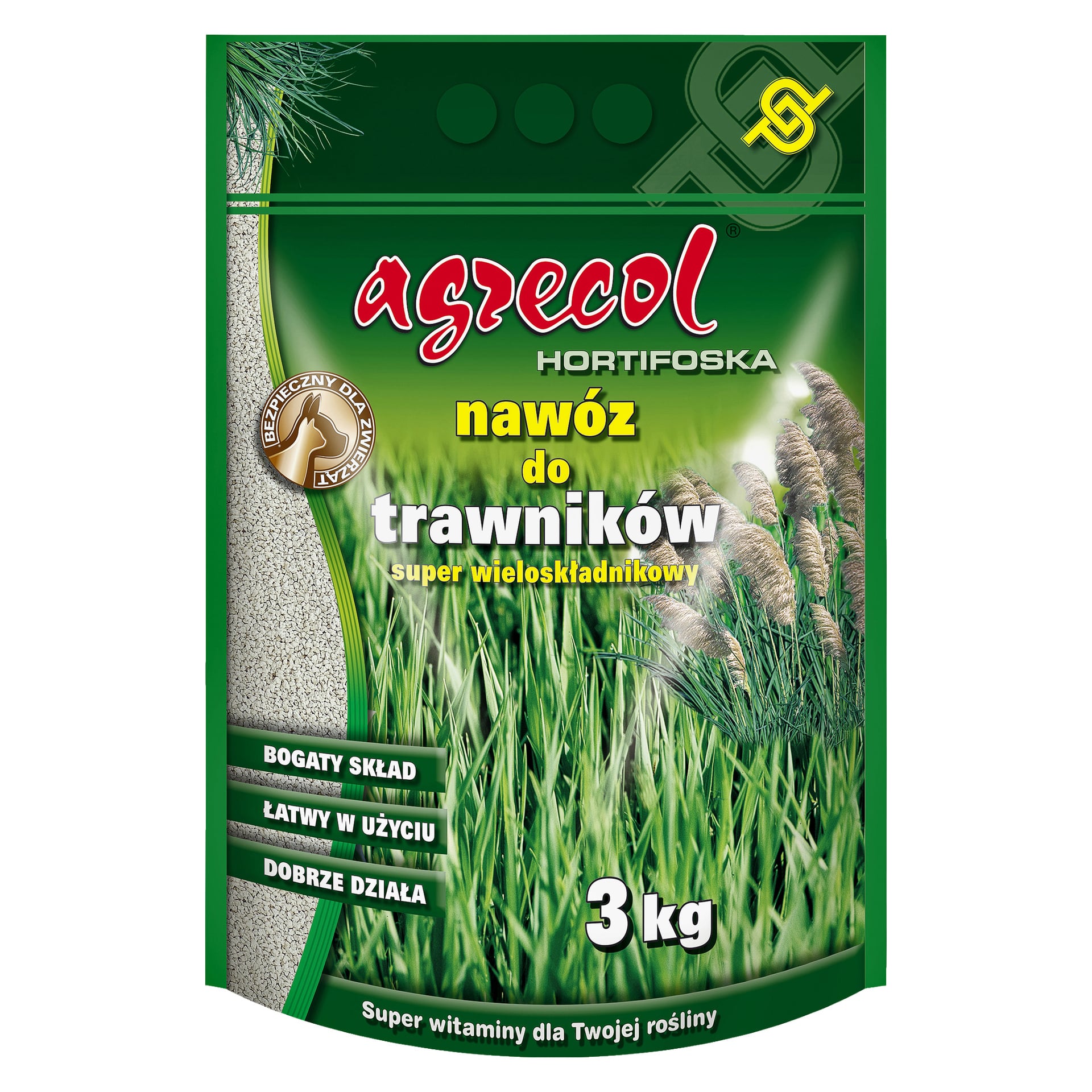 Worek nawozu Agrecol Lawn Fertilizer o wadze 3 kg oznaczony "nawóz do trawników", z zielonym opakowaniem ozdobionym obrazami trawy i najważniejszymi elementami produktów.