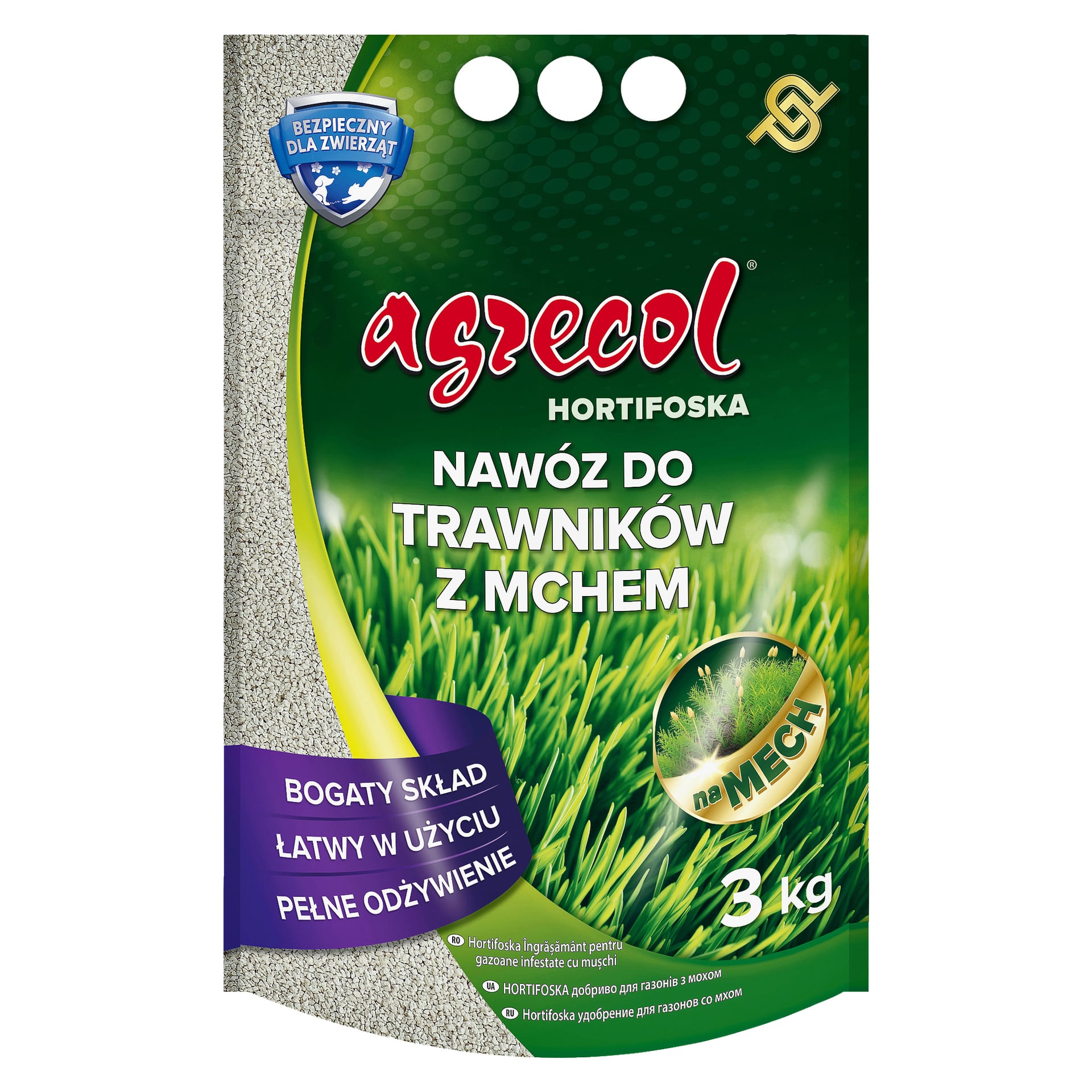 Worek nawozu Agrecol Lawn Fertilizer do trawy z mchem o wadze 3 kg, pokazujący zdjęcia żywej zielonej trawy, symbol bezpieczeństwa zwierząt oraz podkreślający korzyści, takie jak bogate składniki odżywcze i łatwość aplikacji.