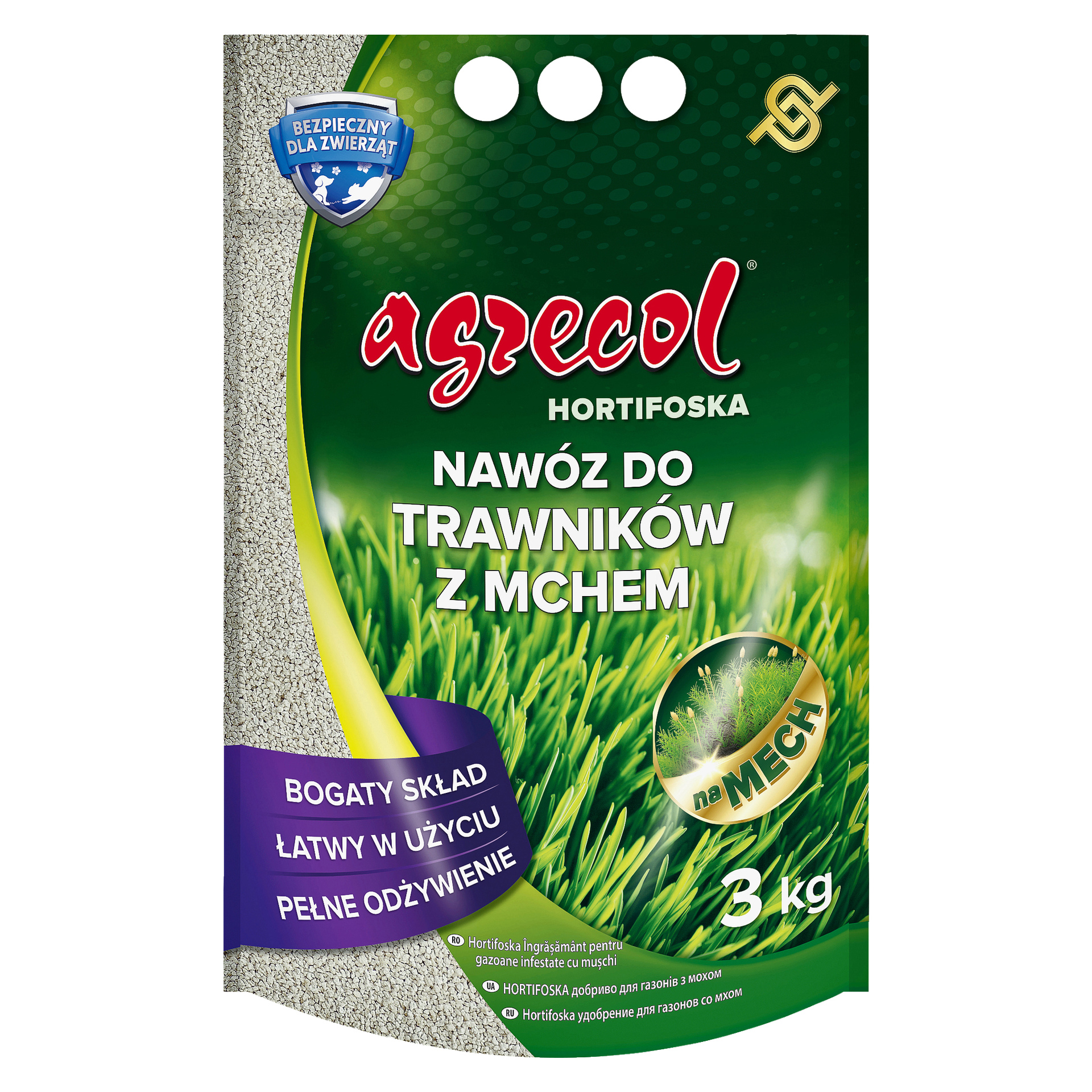 Worek nawozu Agrecol Lawn Fertilizer do trawy z mchem o wadze 3 kg, pokazujący zdjęcia żywej zielonej trawy, symbol bezpieczeństwa zwierząt oraz podkreślający korzyści, takie jak bogate składniki odżywcze i łatwość aplikacji.
