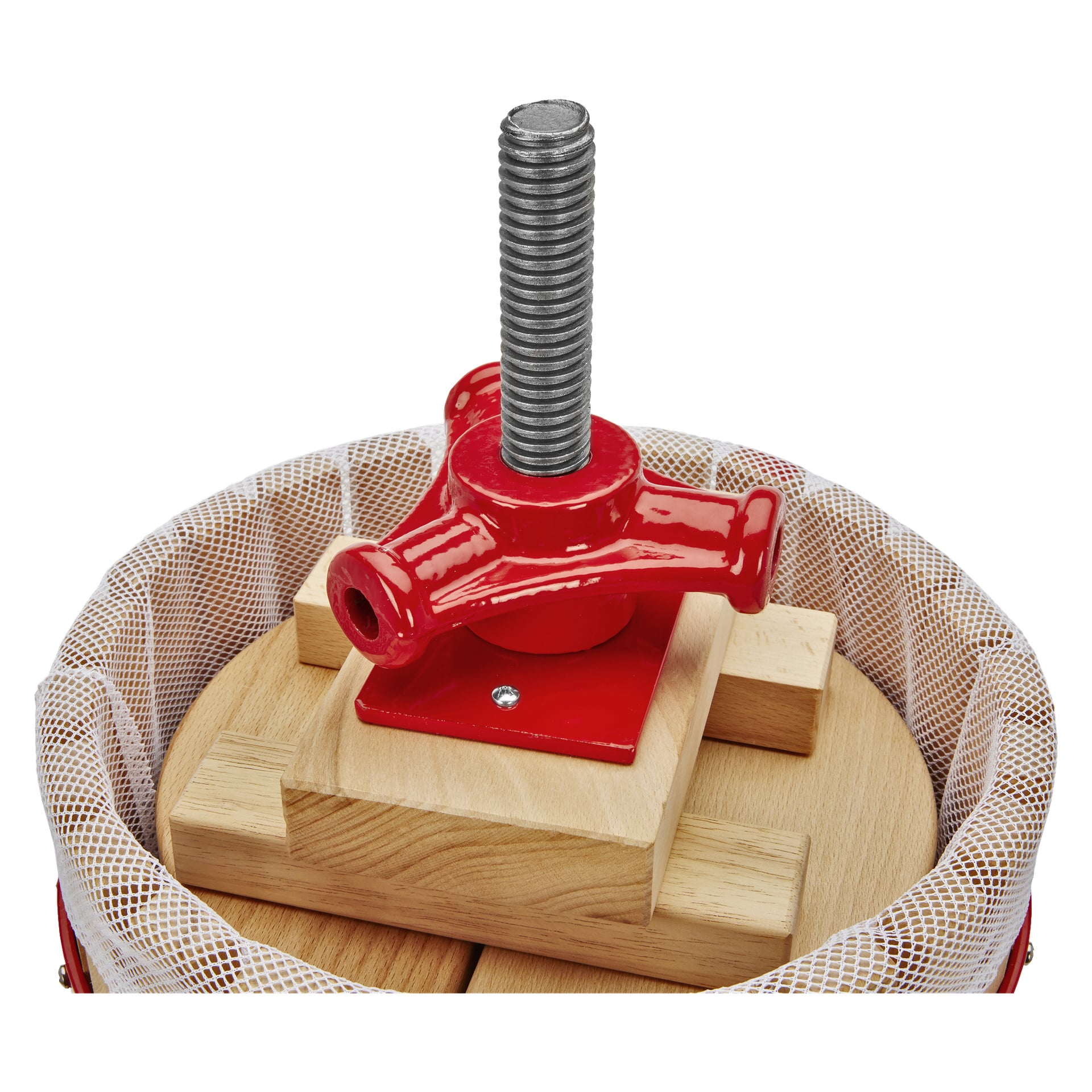 En detaljerad vy av den röda metallpressmekanismen och gängade stången på Menuett Fruit Press, placerad på trästöd i en rund behållare fodrad med nät.