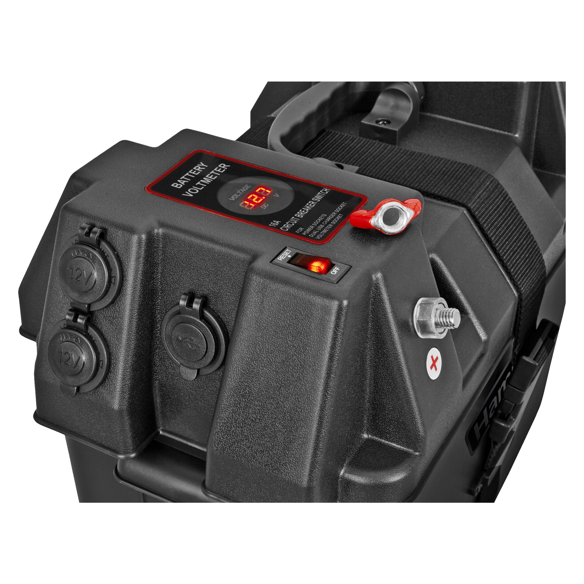 Zbliżenie skrzynki Hamron Battery Box pokazuje porty USB, cyfrowy woltlemierz o wartości 12,23, dwa zamknięte gniazda 12V, czerwony przełącznik, metalowe zaciski oraz górny uchwyt do przenoszenia. Czerwona dioda LED świeci.