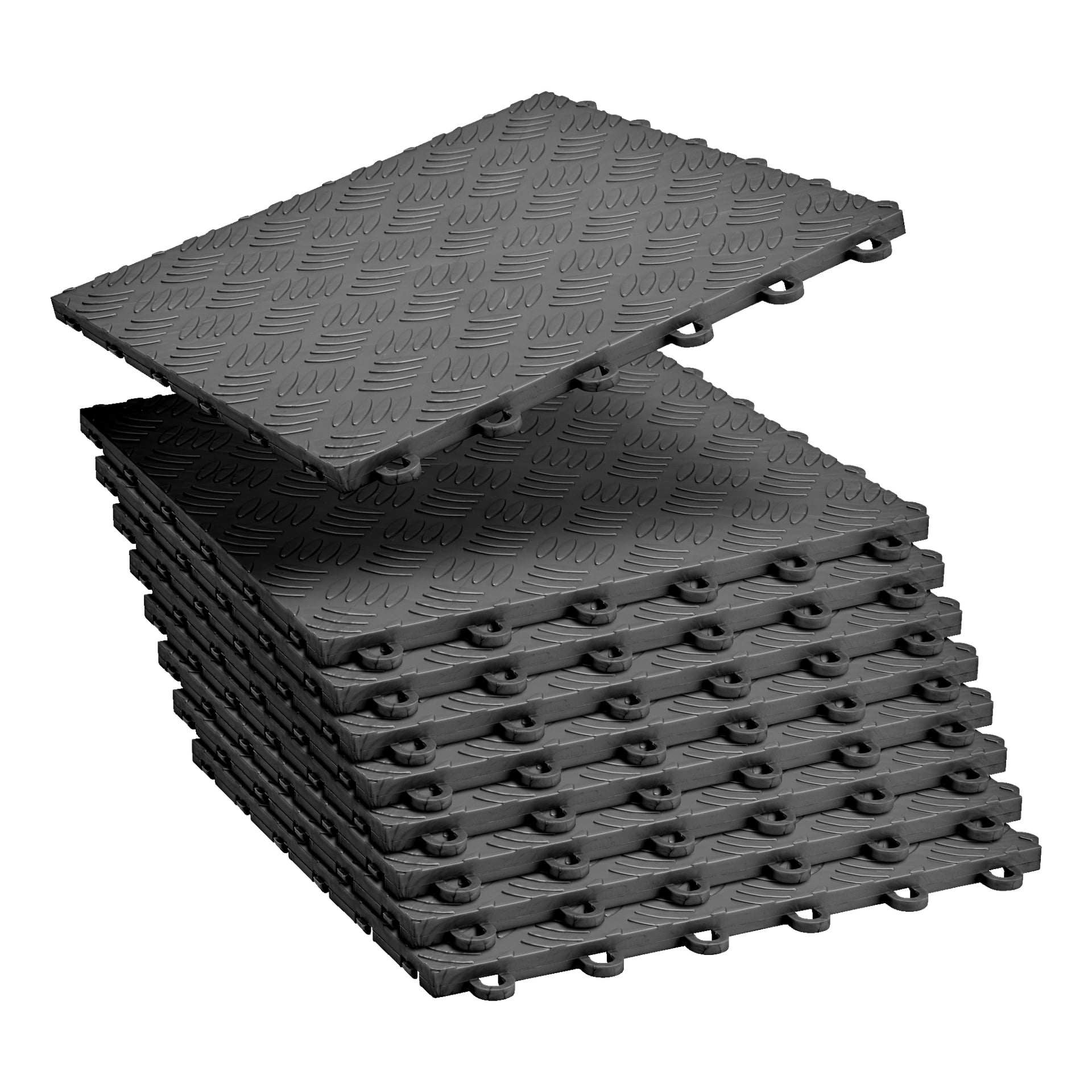 Et svart sett med Hard Head Floor Tiles 9 Pack vises stablet, hver flis viser en hevet diamantplatetekstur. En flis er hevet over stabelen for å avsløre de sammenlåste sidene.