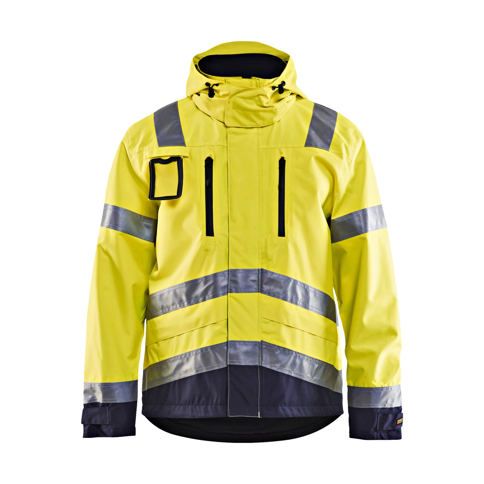 Blaklader Hi-Vis-jackan 483719773389 är klargul med silverfärgade reflekterande ränder, huva, svarta dragkedjor och en svart sektion längst ner. Den har flera framfickor och en rektangulär brickhållare på vänster bröst.