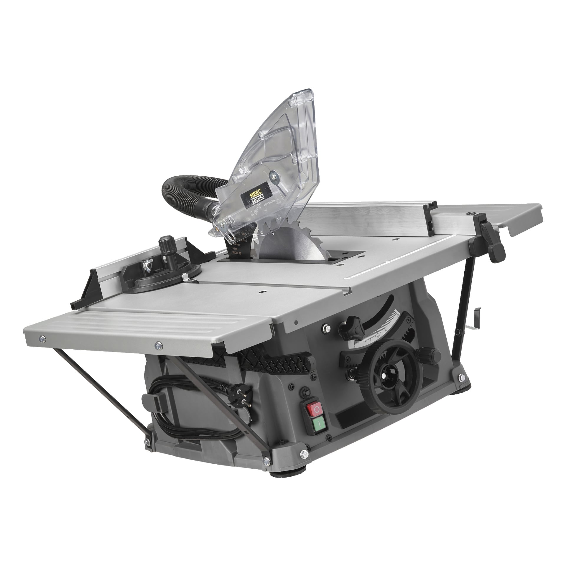 Meec Tools Tischkreissäge TS-W HOME 300 mit verstellbarem Anschlag, Klingenschutz, schwarzem Griff, Knöpfen und Schaltern zum Holzschneiden.