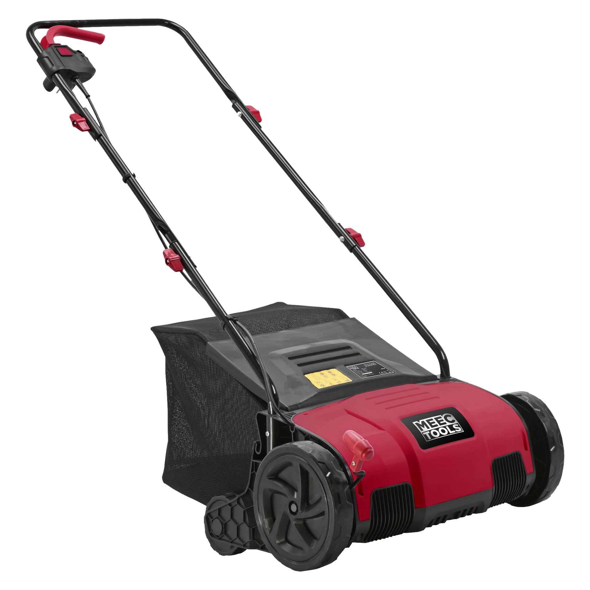 En röd och svart elektrisk gräsmatte-scarifier från Meec Tools, utrustad med en nätpåse, två stora bakhjul och ett tryckstyr; frontpanelen visar Meec Tools-varumärket.