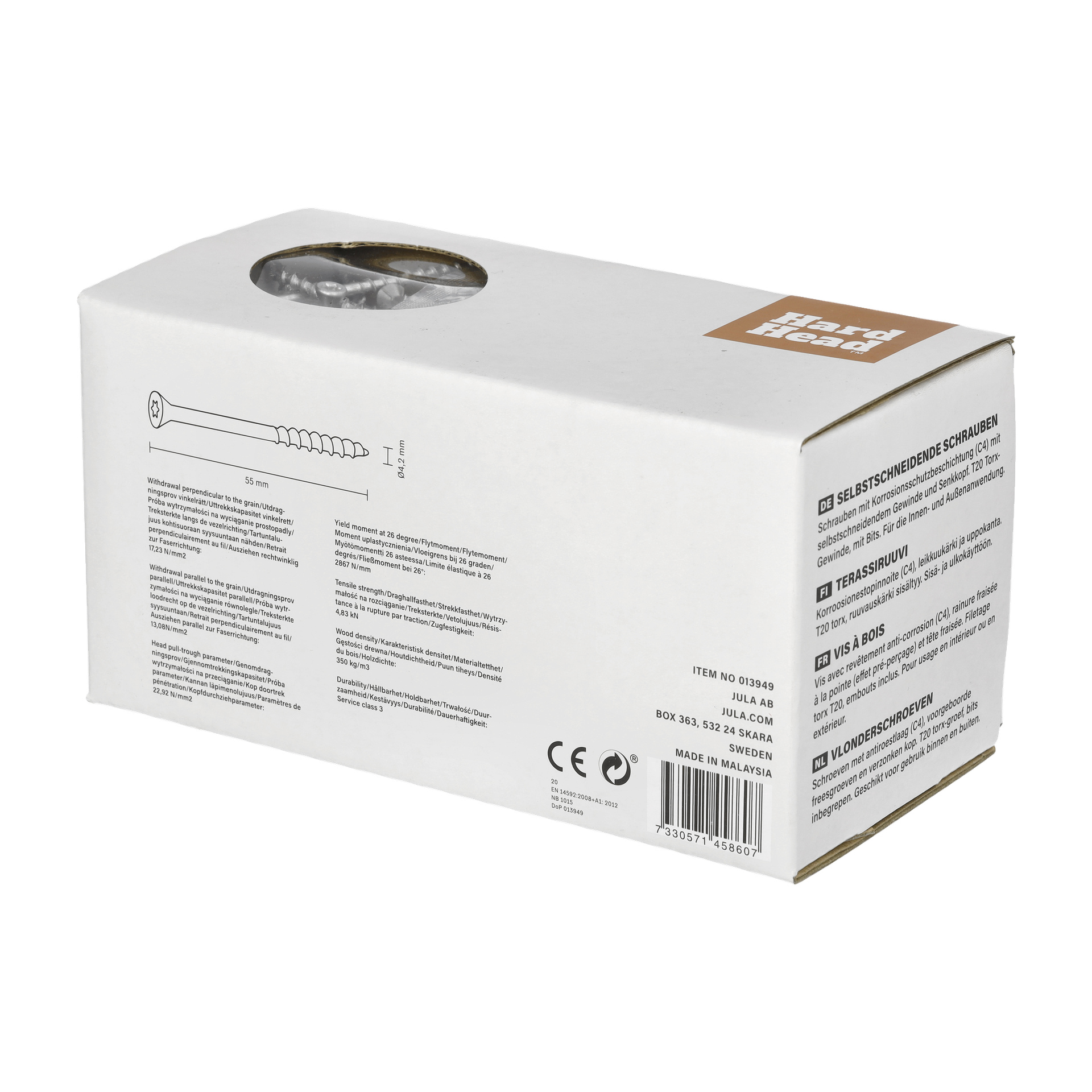 En Hard Head-låda märkt Decking screw 500-pack innehåller teknisk information, en streckkod och certifieringslogotyper. Toppen har ett plastfönster som visar skruvarna. På lådan står det tillverkad i Malaysia.