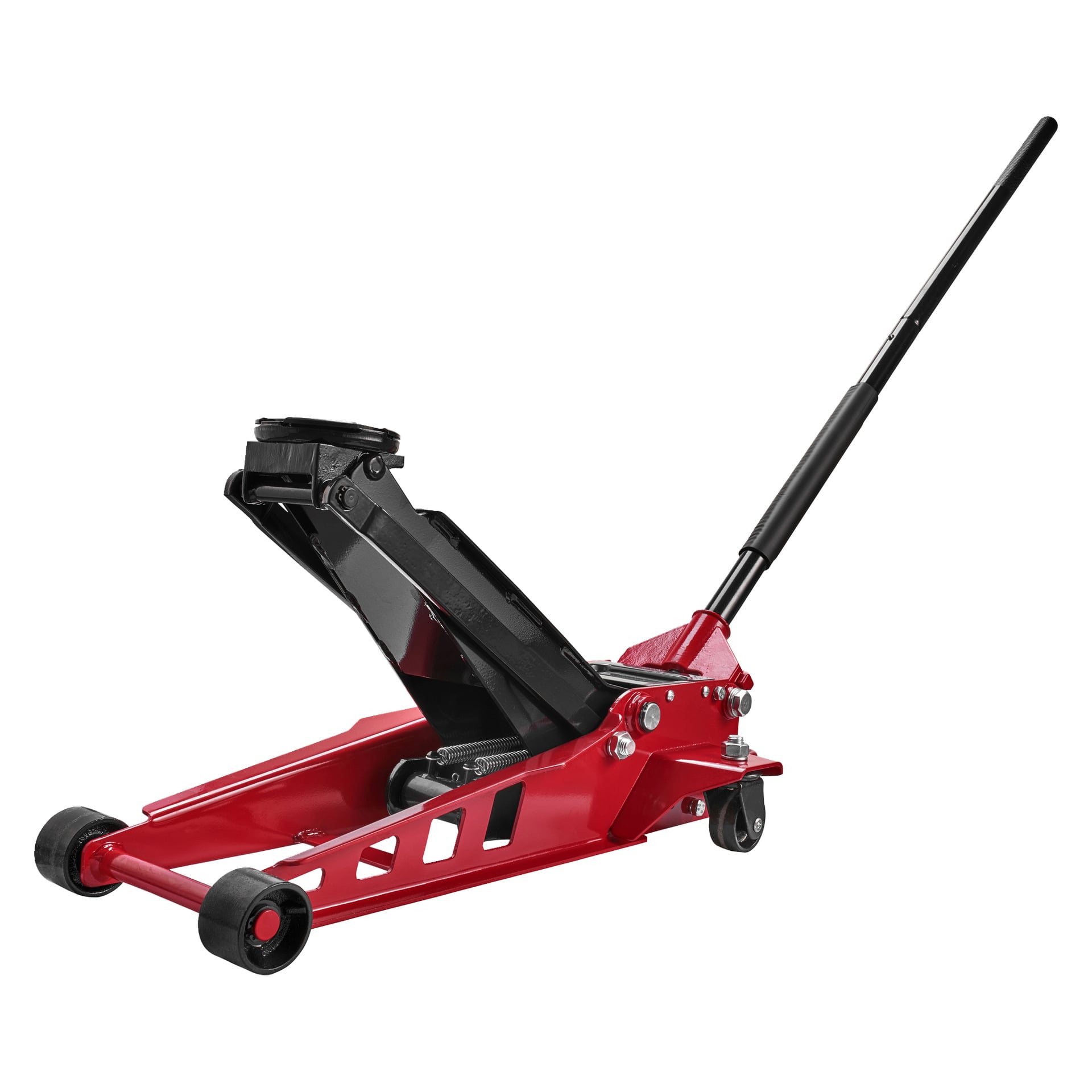En röd Meec Tools High Lifting Low Profile Jack med svart handtag och lyftarm, fyra hjul för rörlighet och en rund lyftplatta i änden av armen.