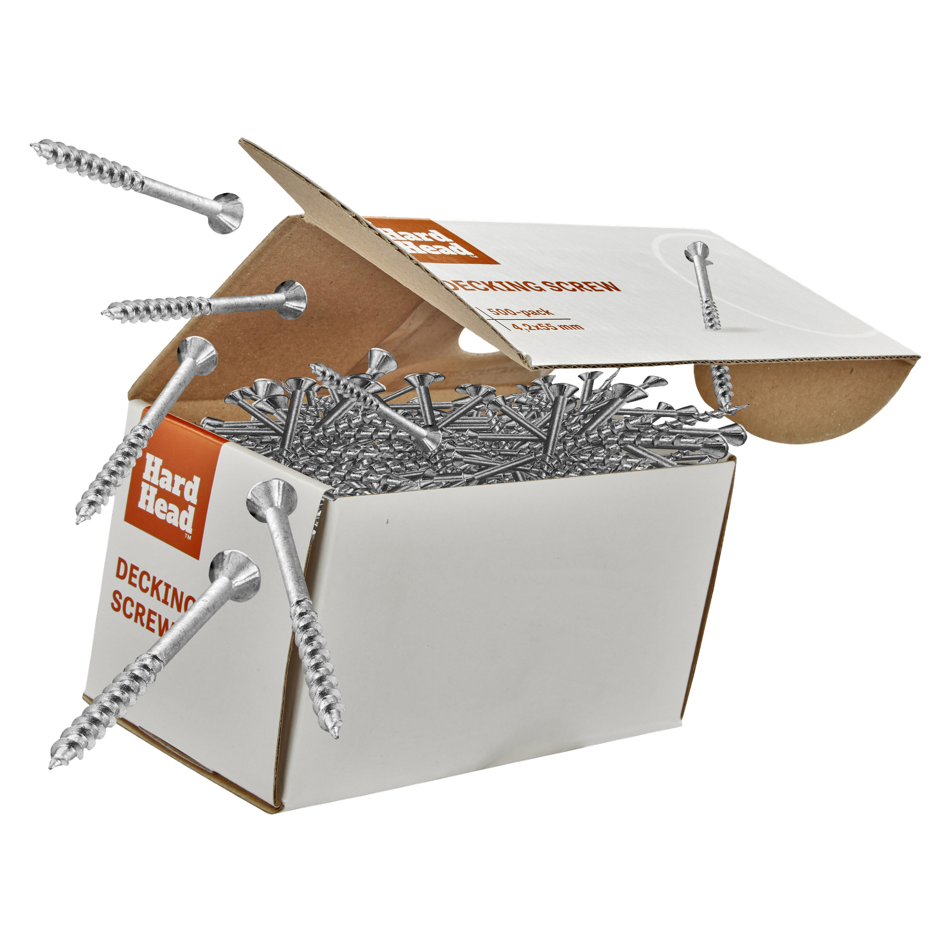 En öppen kartong märkt Decking screw 500 pack från Hard Head innehåller många silverskruvar, några ligger utanför lådan och några verkar flyta ovanför. Etiketten anger 500 bitar.