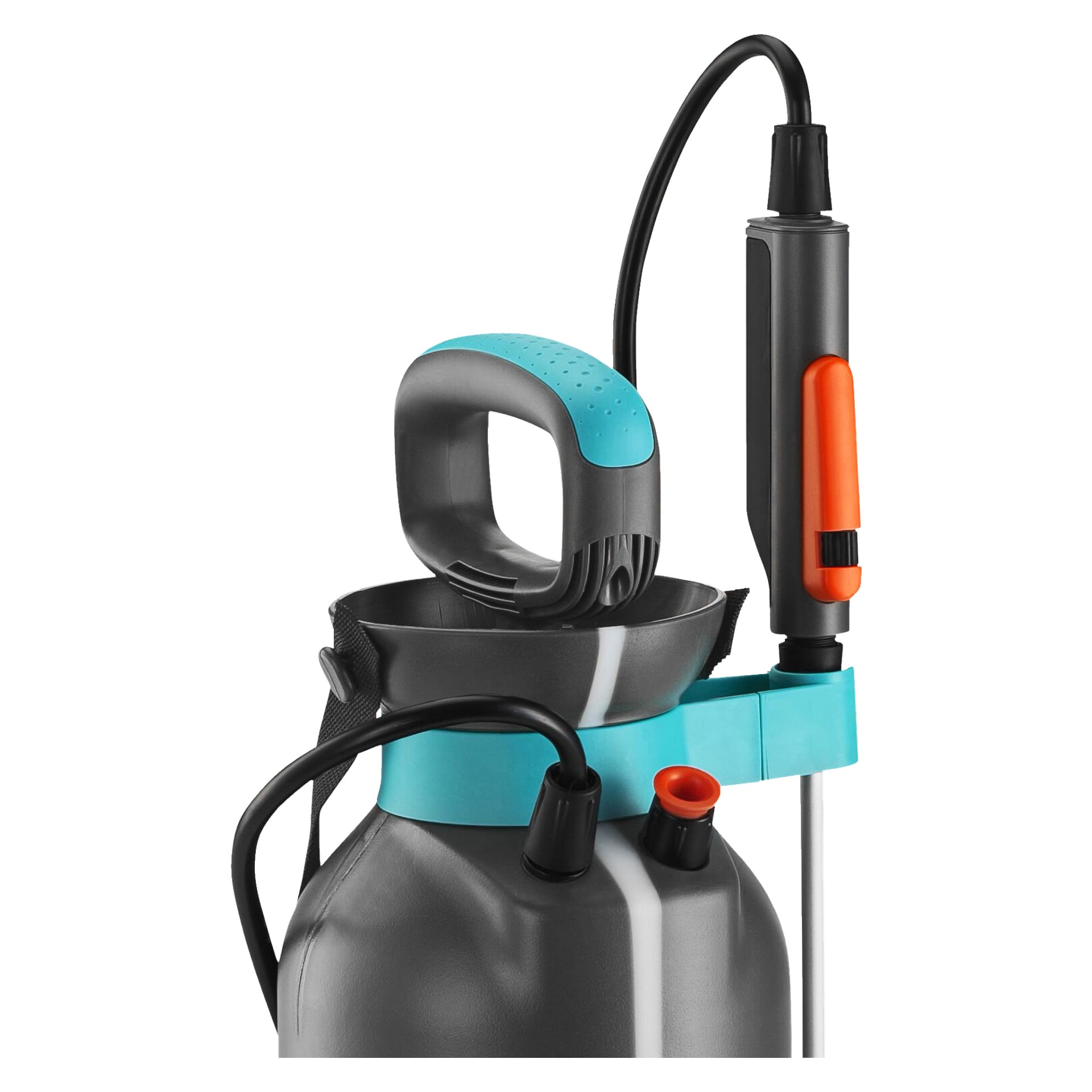 En detaljerad vy av Gardena Spray gun Comfort, som visar dess grå och turkosa kropp, pumphandtag, slang och klarorange munstycke. Detta verktyg är utformat för att spraya vätskor som gödsel eller bekämpningsmedel i trädgården.