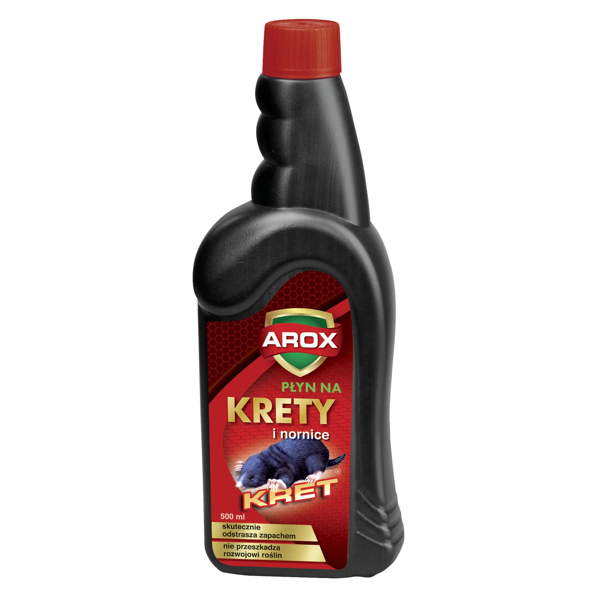 plastikowa butelka z czerwonym nakrętką oznaczona jako Agrecol Mole control. Etykieta 500 ml zawiera zdjęcie kreta i opisuje produkt jako płyn odstraszający krety i nornice.