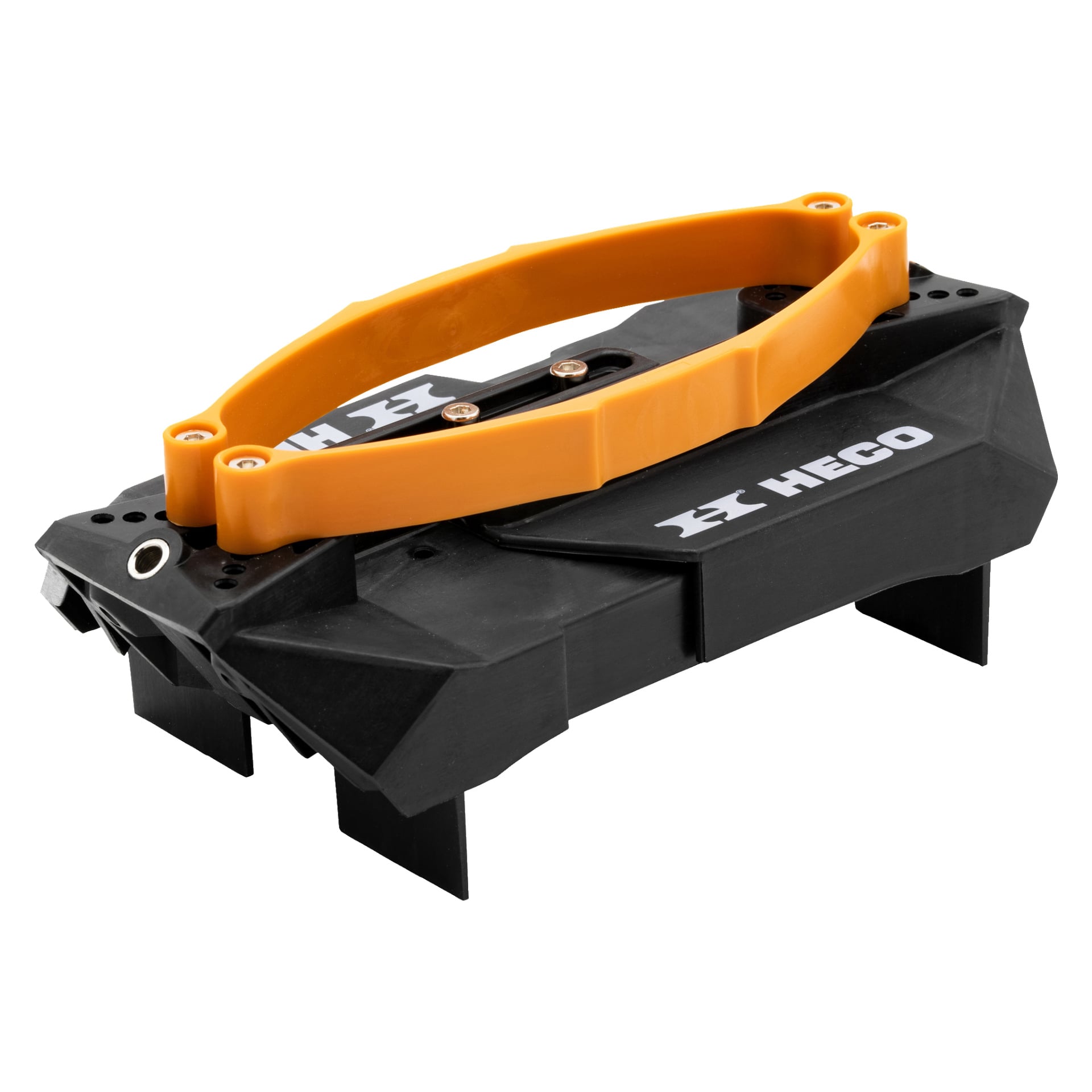 Heco Decking Tool+ ma czarno-pomarańczowy wzór z plastikową rączką i solidną podstawą, przeznaczoną do bezpiecznego trzymania lub ustawiania przedmiotów.