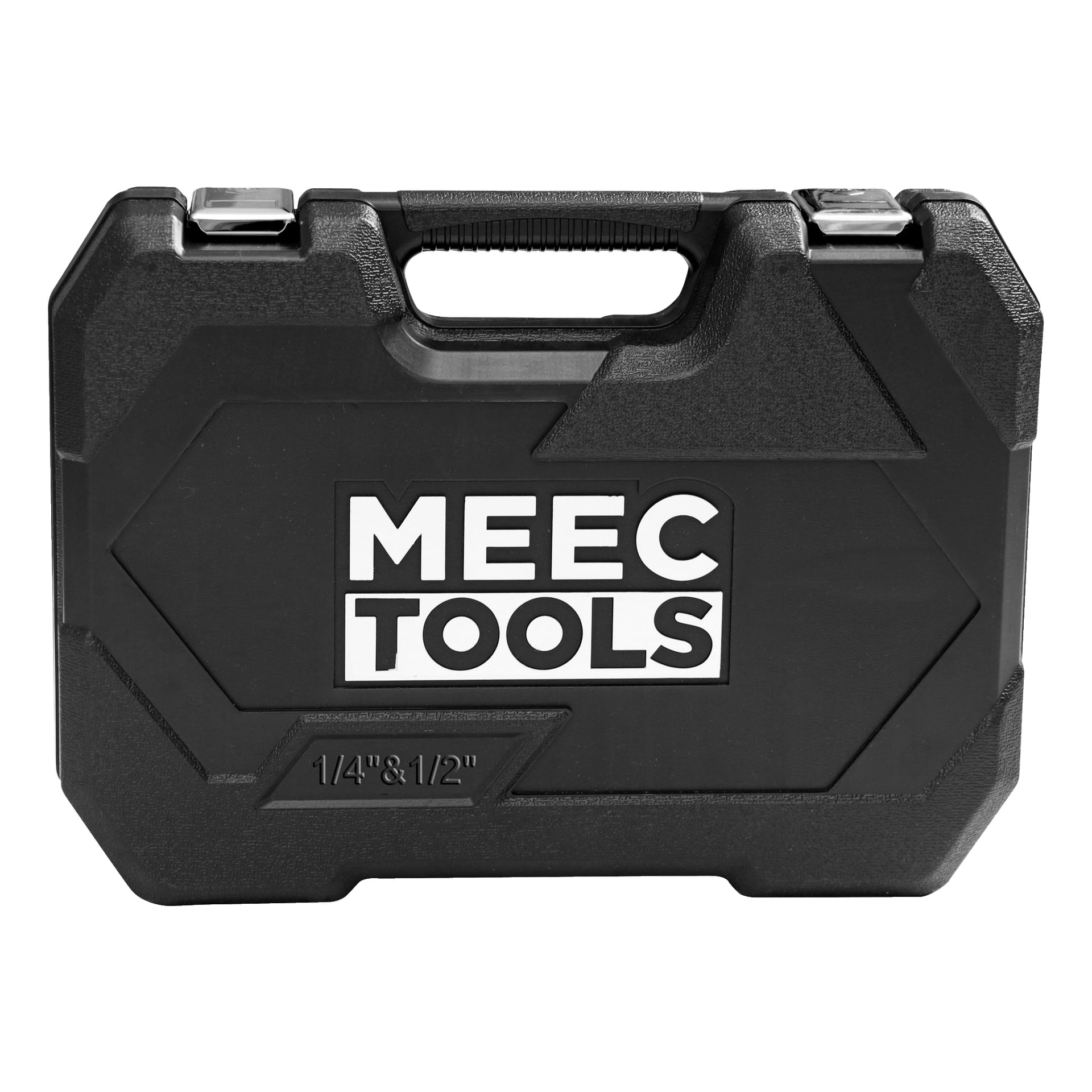 Ett svart plastfodral designat för Meec Tools hylsnyckelset (127 stycken), utrustat med stadiga metallspärrar, ett format bärhandtag och etiketter i storlek 1/4 & 1/2" på nedre fronten.