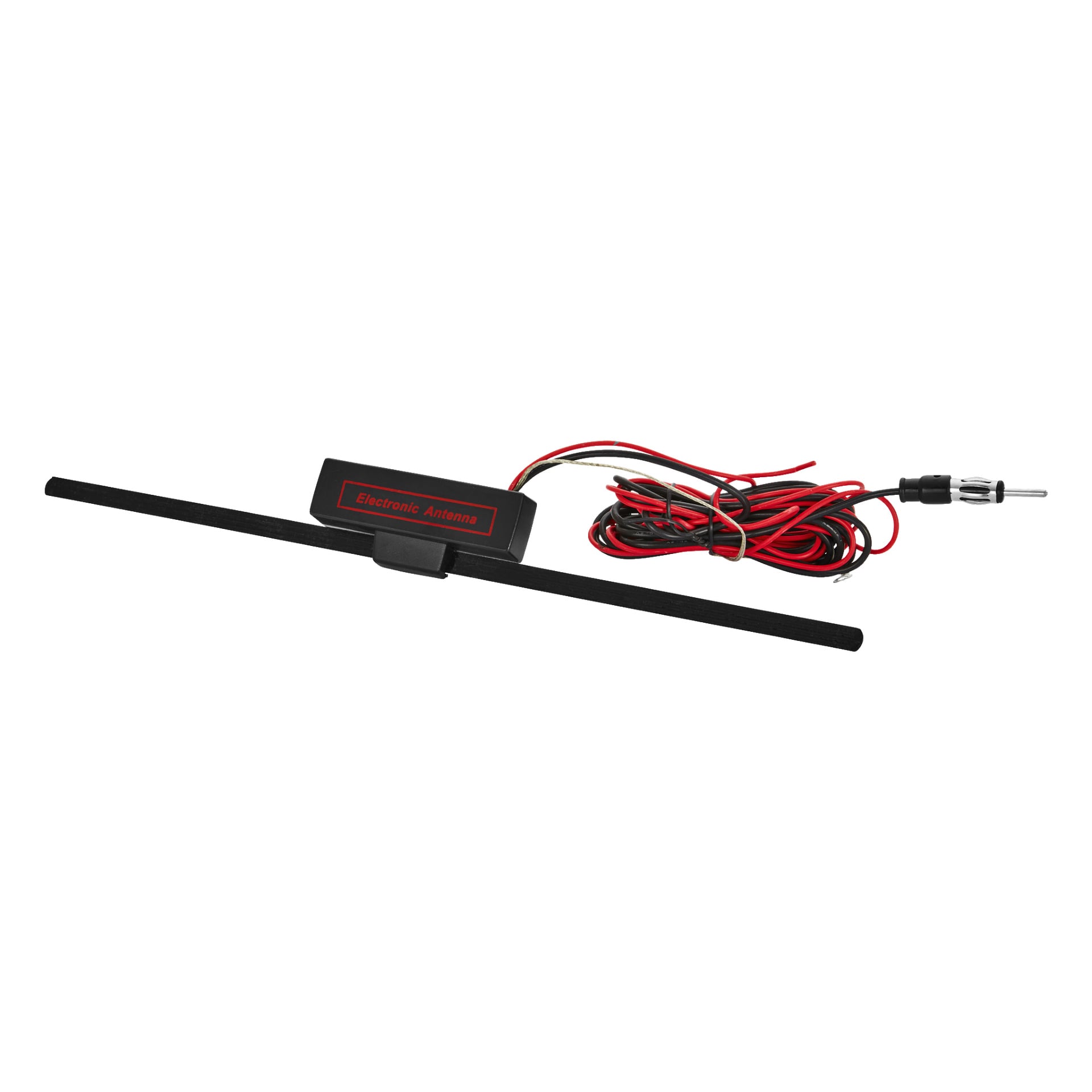 Connects2 Car Antenna CT27UV28 har en slank svart elektronisk konstruktion med rektangulär bas, utrustad med röd och svart ledning samt en metallkontakt för bilstereos.