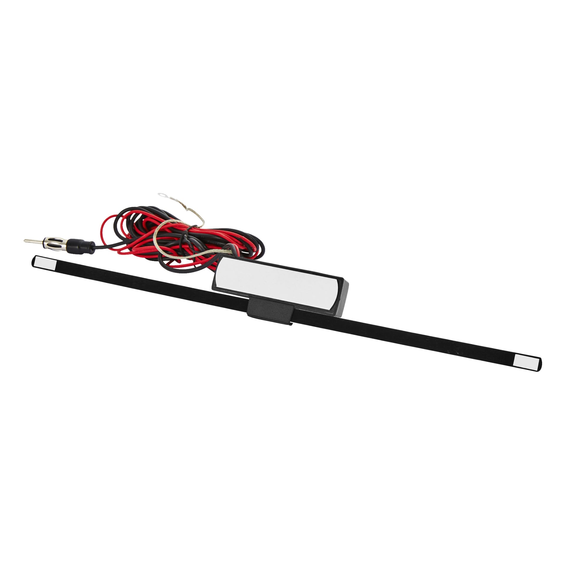 Connects2 Car Antenna CT27UV28 med en svart rektangulär bas, en förlängd platt elektronisk remsa samt röda och svarta ledningar som slutar i kontakter.
