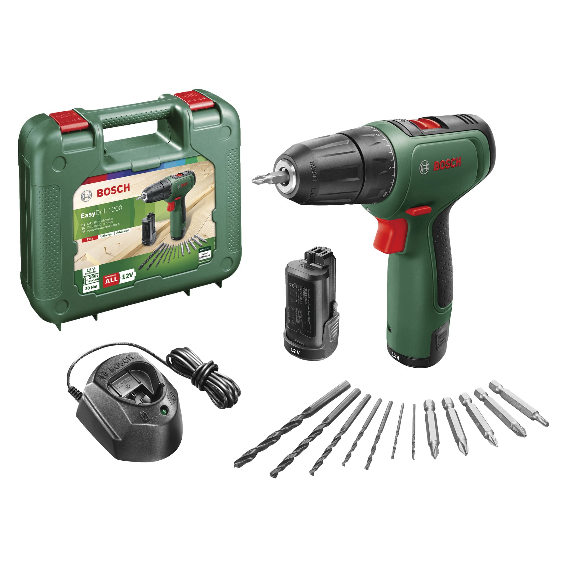 Zestaw śrubokrętów Bosch Compact EasyDrill 1200, pokazany z torbą na akcesoria, ładowarką, zapasową baterią oraz dziesięcioma różnymi wiertarkami i śrubokrętami.
