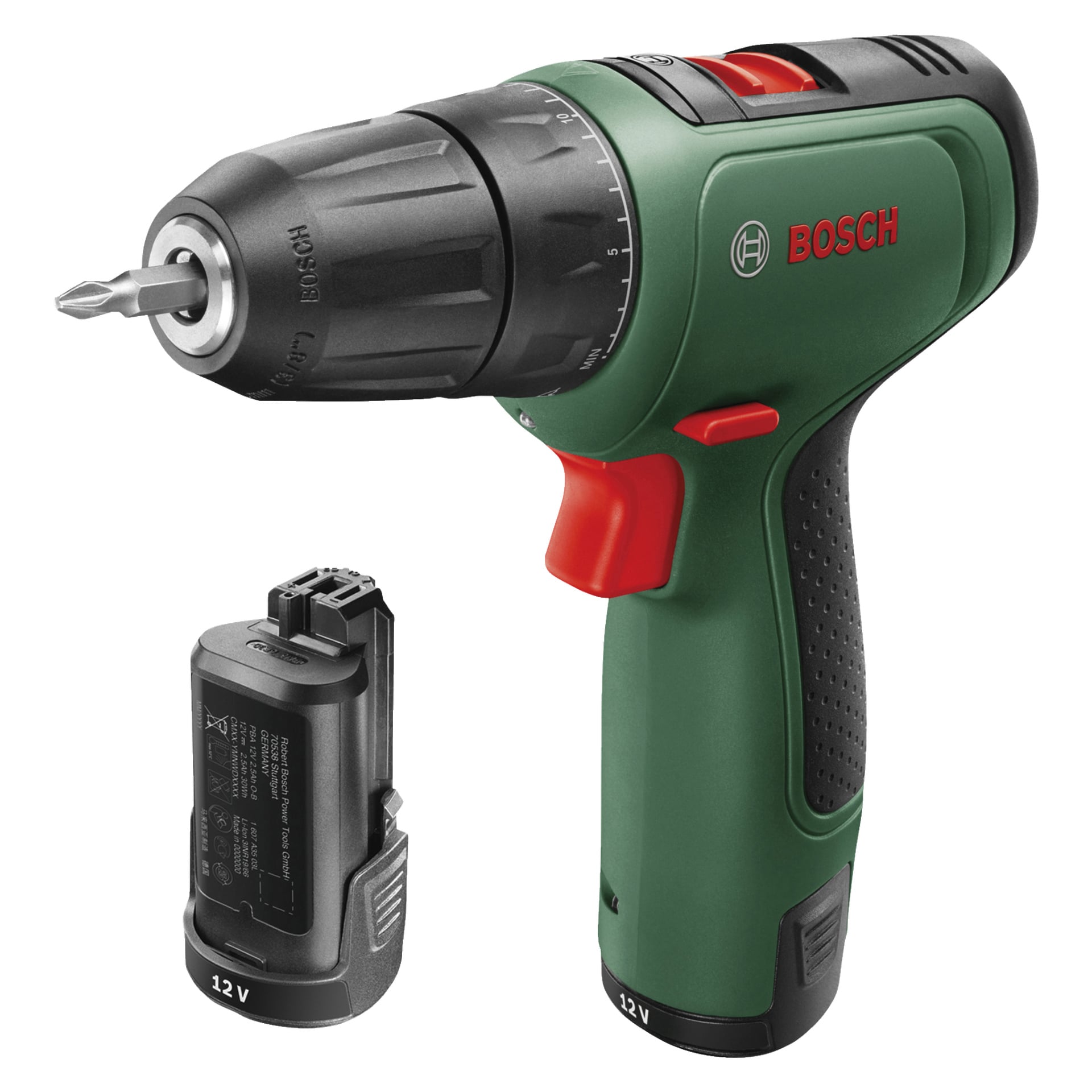 Bosch Compact w kolorze zielono-czarnym śrubokrętem EasyDrill 1200 jest prezentowany z dołączonym wiertłem, odłączaną baterią 12V oraz torbą na akcesoria.