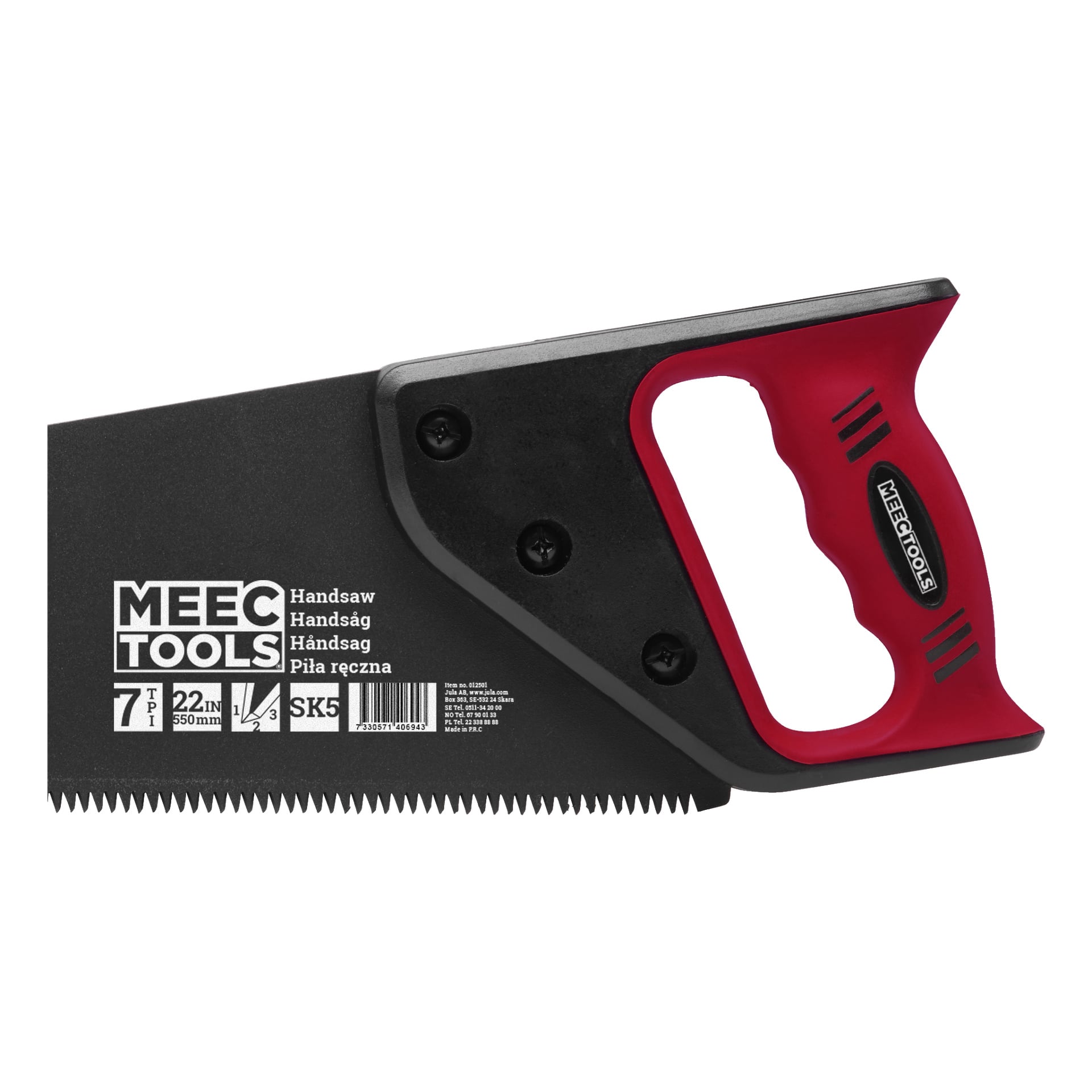 Zbliżenie na ręczną piłę Meec Tools z czarnym ostrzem, trzonek w czerwono-czarnym kolorze oraz szczegóły produktu widoczne na metalu przy rękojeści.