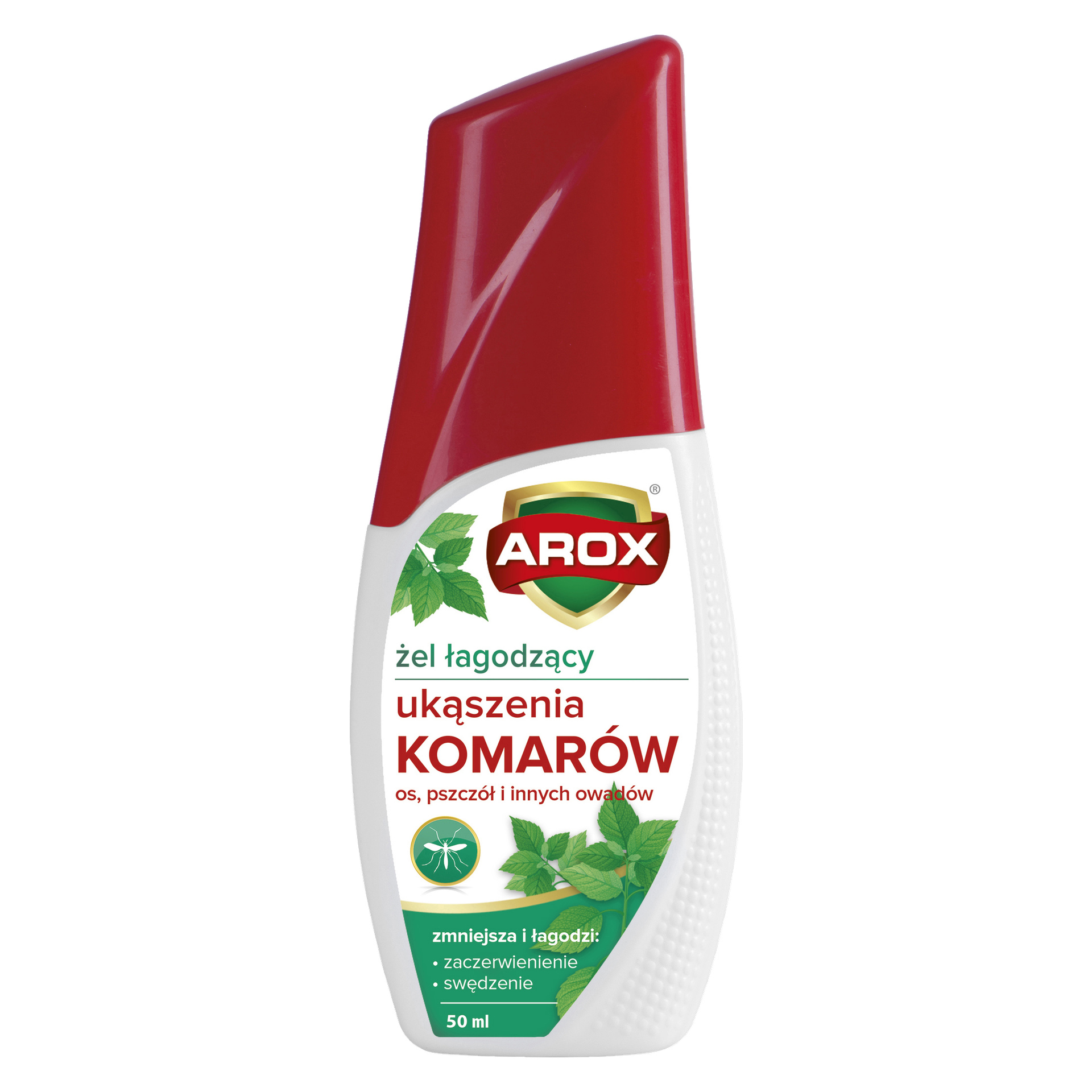 Butelka 50 ml żelu Agrecol Mosquit Repelent After Bite z czerwoną kapslą. Etykieta zawiera obrazy zielonych liści, rysunek komarów oraz tekst opisujący ulgę po ukąszeniu przez komary, osy, pszczoły i różne inne owady.
