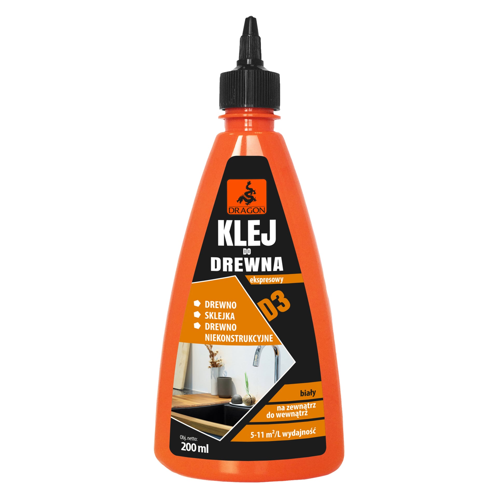 Butelka 200 ml kleju do drewna marki Dragon z pomarańczową etykietą i czarną kapslą, oznaczona jako odpowiednia do projektów z drewna, sklejki i niekonstrukcyjnych; Polecam do zastosowań wewnętrznych i niektórych na zewnątrz.