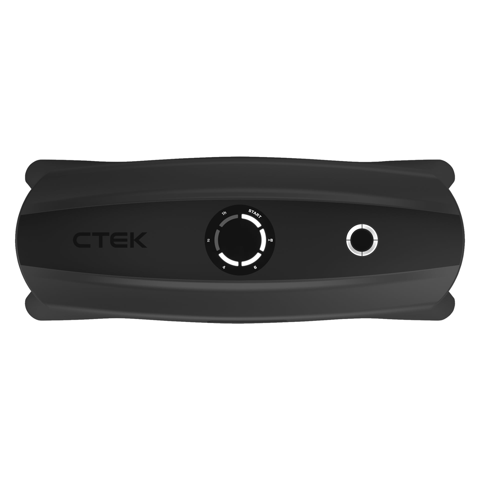 Den svarte CTEK Battery Charger CS Free har en glatt, rektangulær kropp med en stor sirkulær skive i midten som viser tall og er merket med START. Til høyre for skiven er det en liten rund knapp eller indikator.