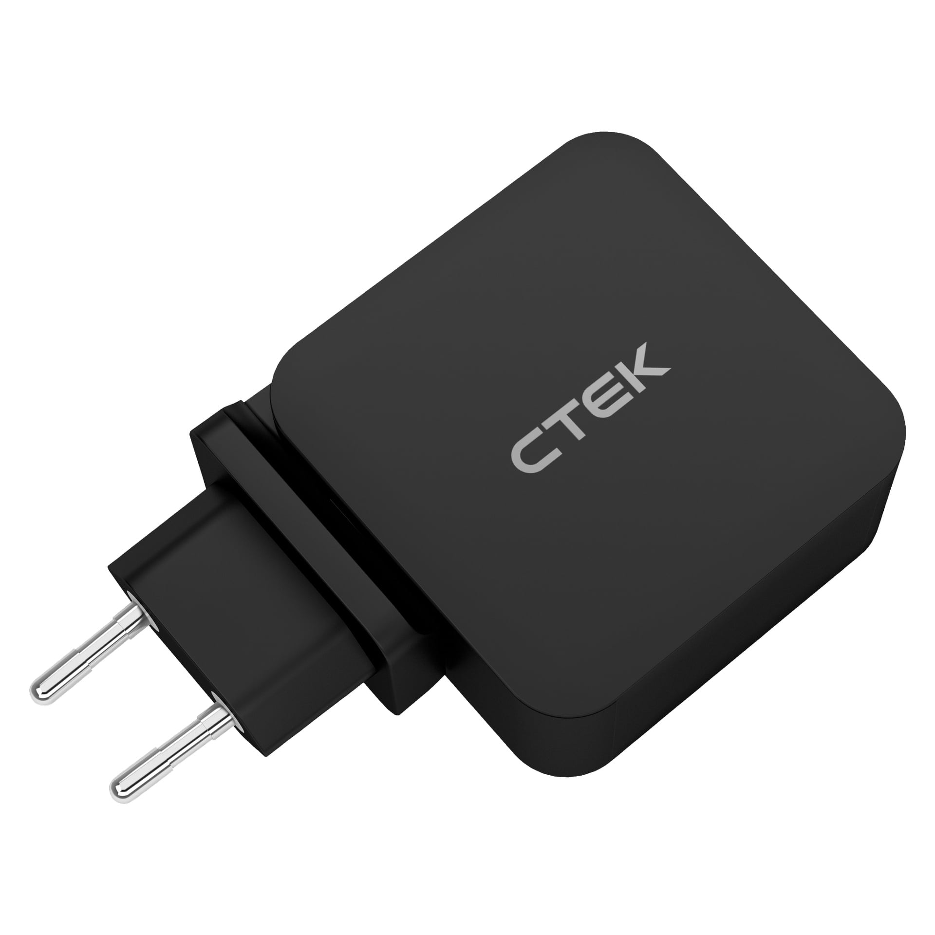 En CTEK CS Gratis batterilader med svart rektangulært design og to runde metallplugger.