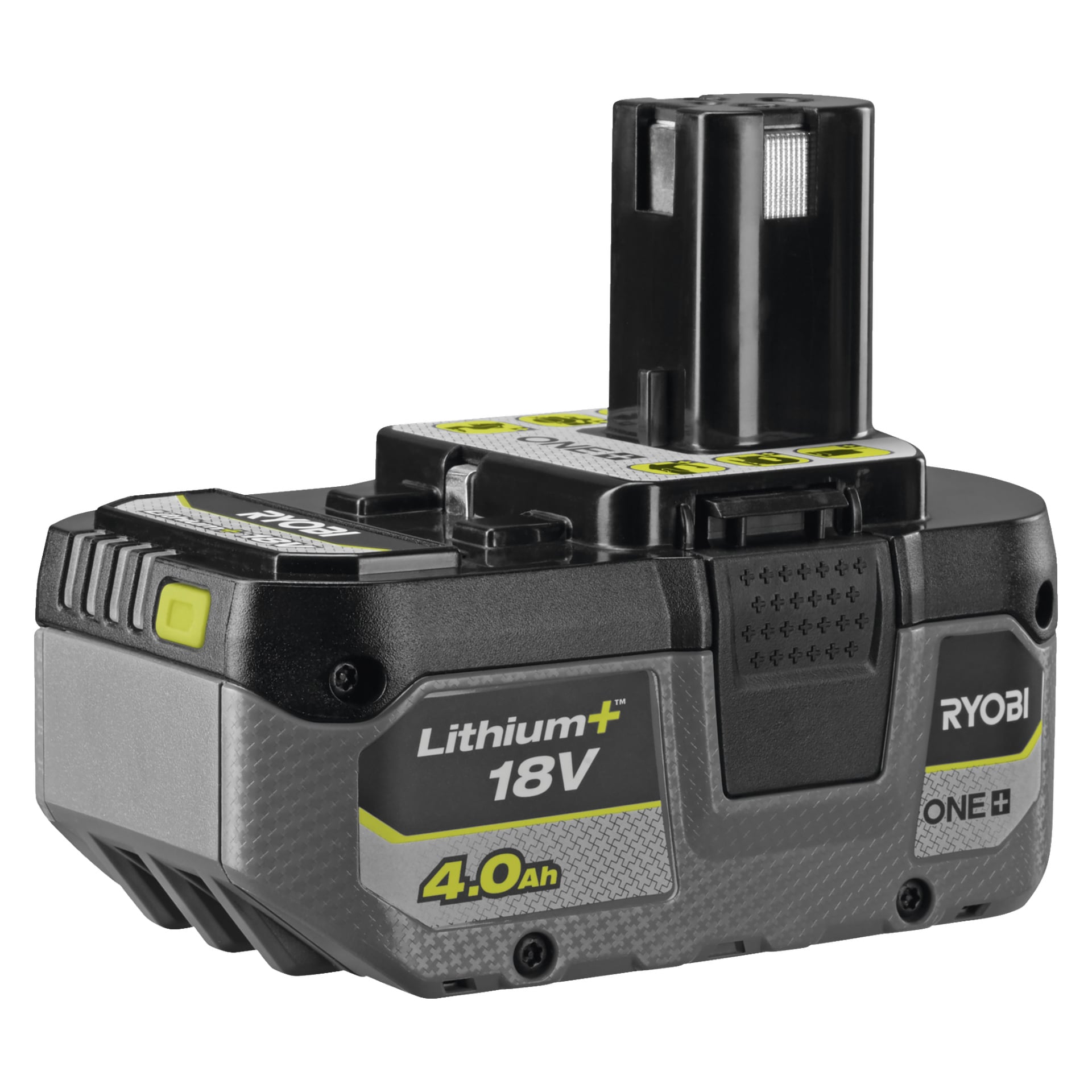 En Ryobi One+ RB1840X 18V uppladdningsbart batteripack placerat i vinkel, med sitt svarta och grå hölje med gula och silverfärgade etiketter samt en strömindikatorknapp.