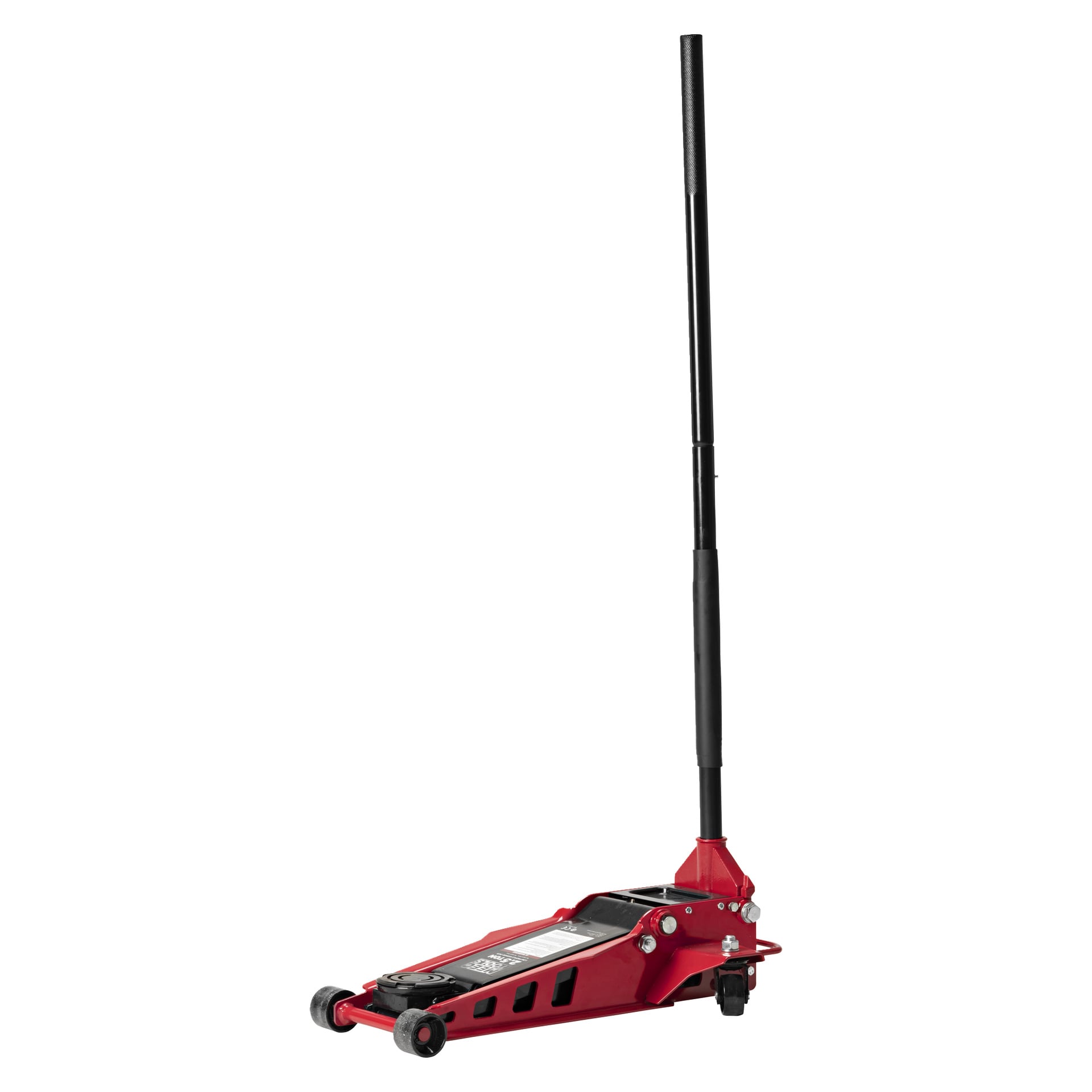 En röd Meec Tools High Lifting Low Profile Jack med långt svart handtag och fyra hjul, avsedd för att lyfta fordon för underhåll eller reparation.