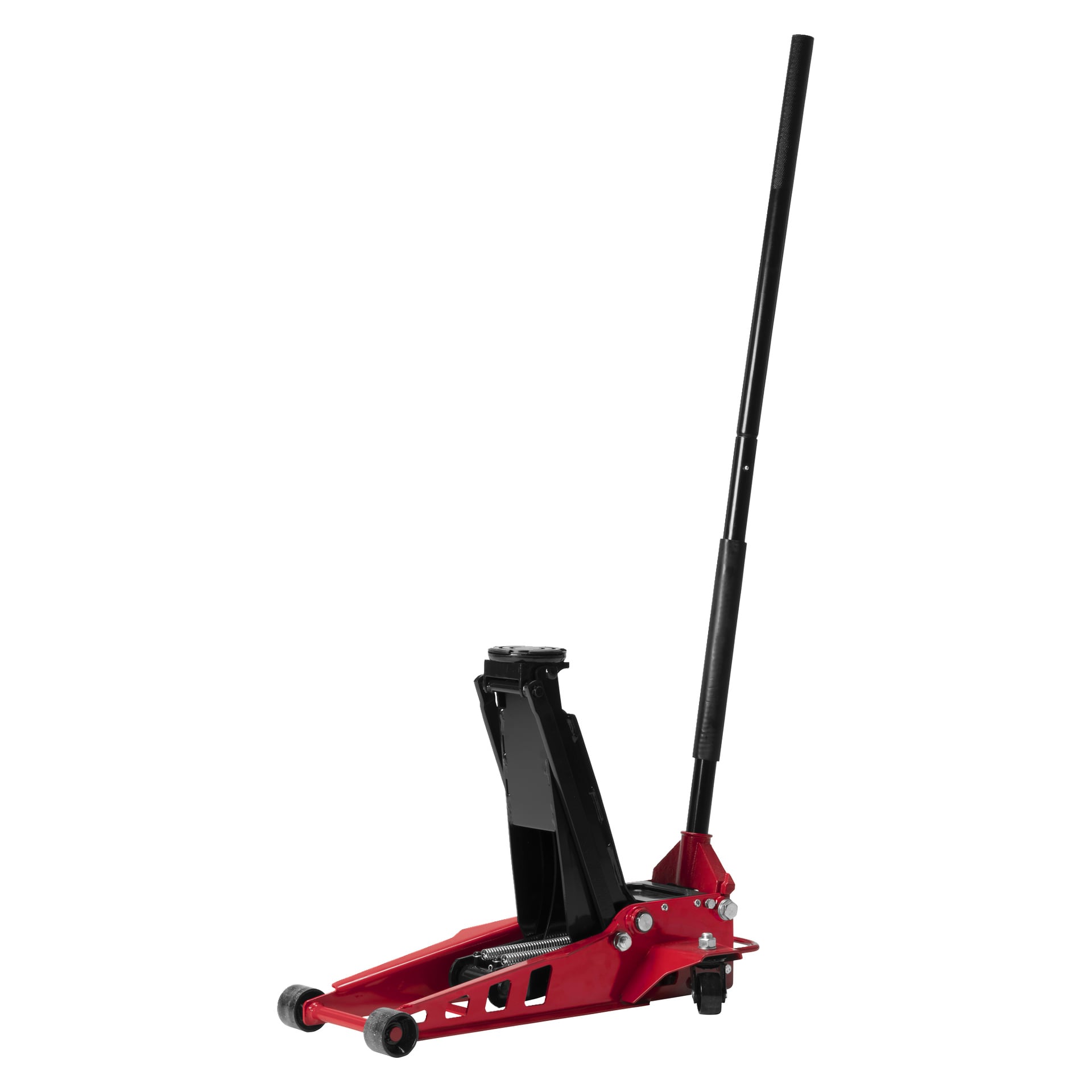 En Meec Tools High Lifting Low Profile Jack med röd metallkropp, svart lyftarm och ett förlängt handtag för hävstång. Byggd för att säkert lyfta fordon är denna robusta domkraft utrustad med hjul för bekväm förflyttning.