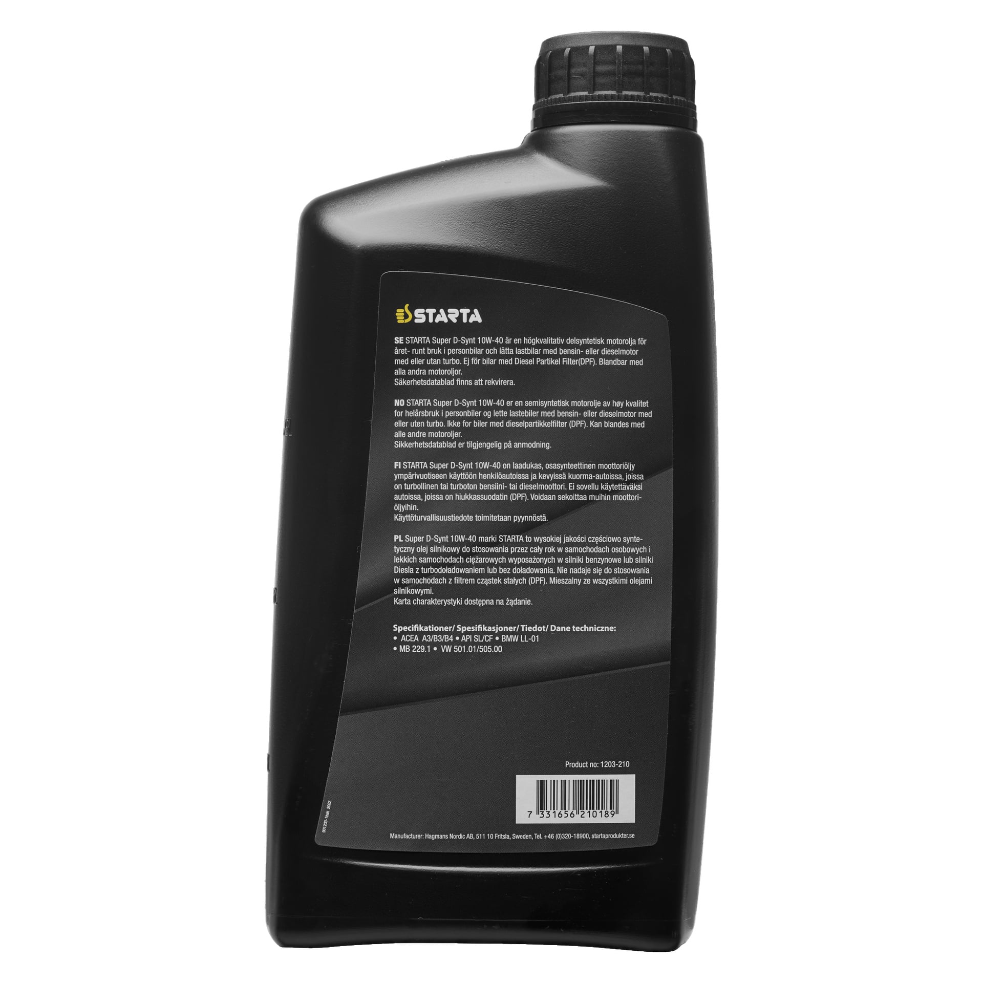 En svart plastflaska med Starta semisyntetisk motorolja med produktdetaljer och tekniska specifikationer i vit text på baksidan. Designen inkluderar ett räfflat grepp på sidan och en matchande svart skruvlock.