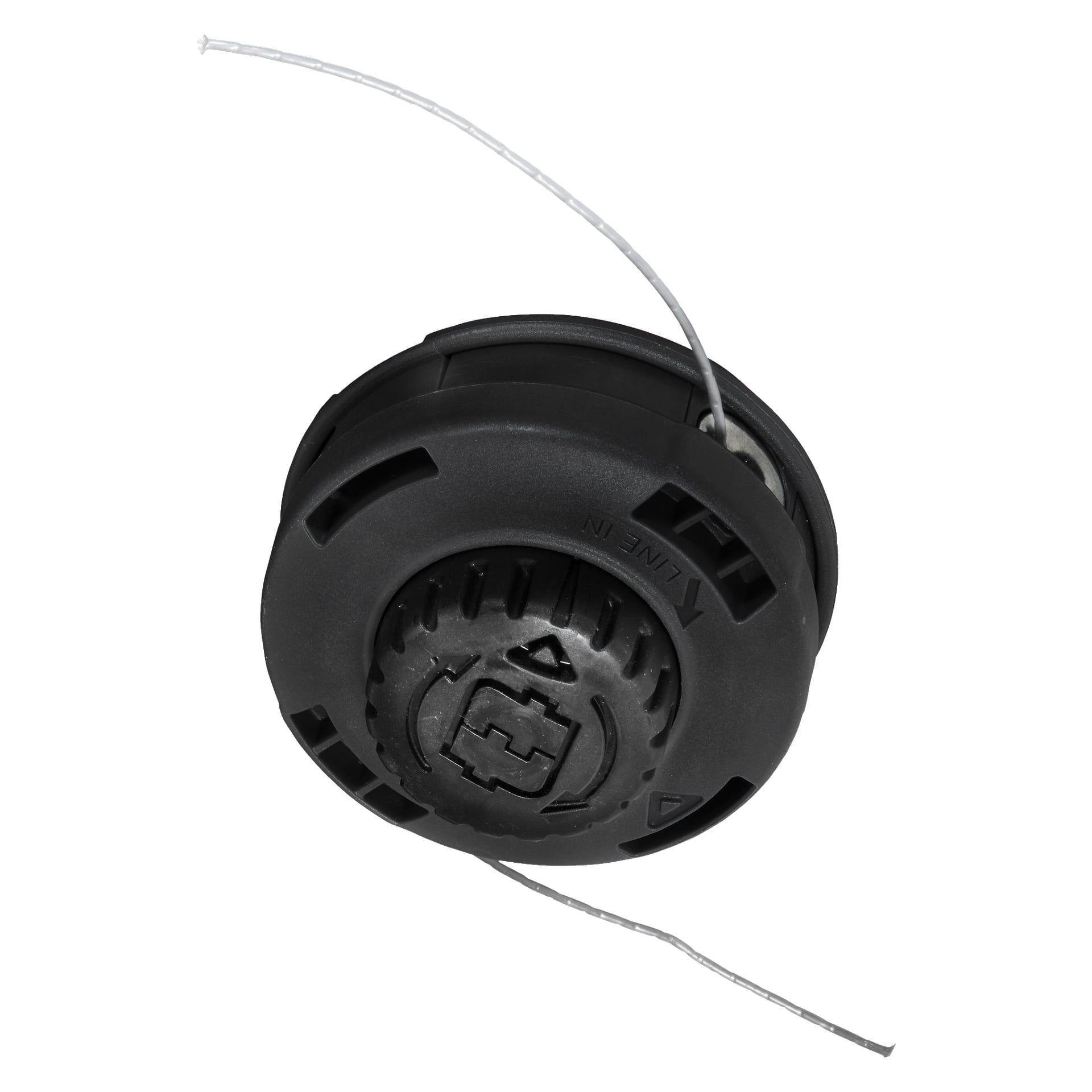 plastikowa szpula do podcinaczy Meec Tools z dwoma wystającymi odcinkami linii tnącej, odpowiednia do użycia w podtrzymywaczach lub wyżerkach chwastów. Szpula ma wentylowane boki i tłoczone logo na górze.