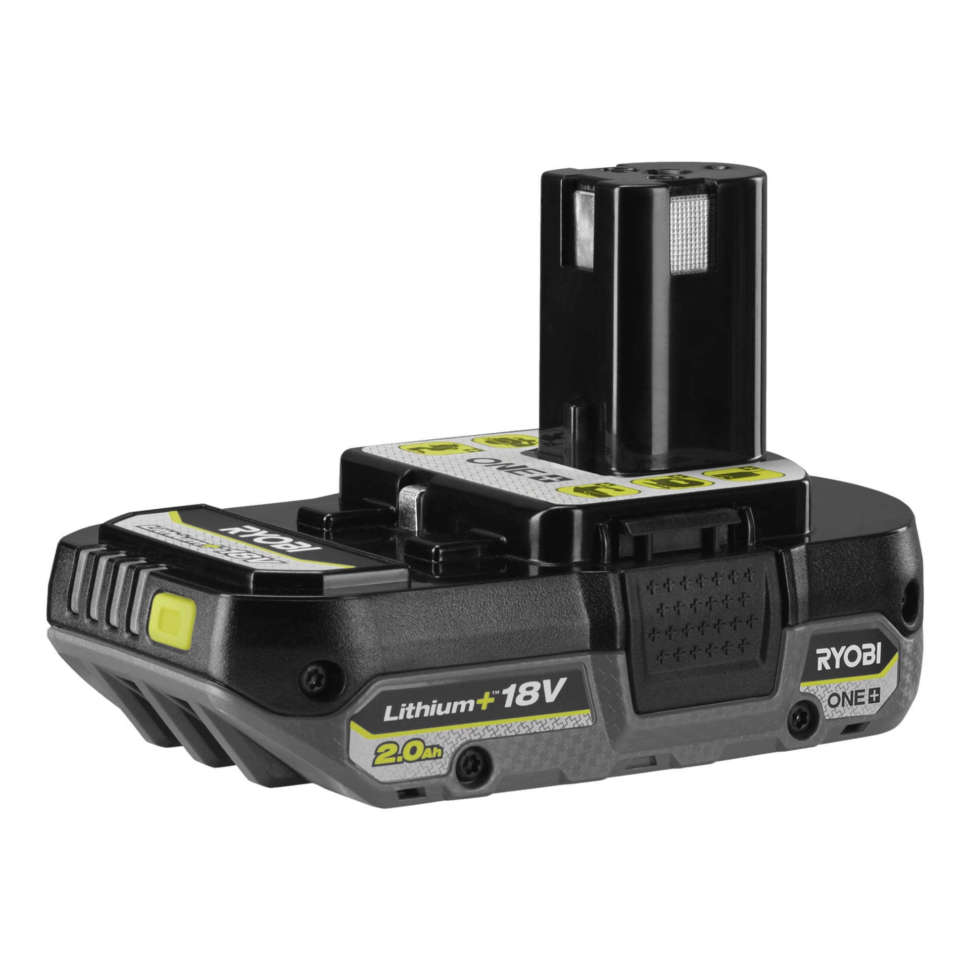 Ryobi One+ RB1820C 18V Lithium+ 2.0 Ah oppladbar batteripakke med svart og grønt design, rektangulær base og en oppreist åpning for tilkobling til trådløse verktøy.