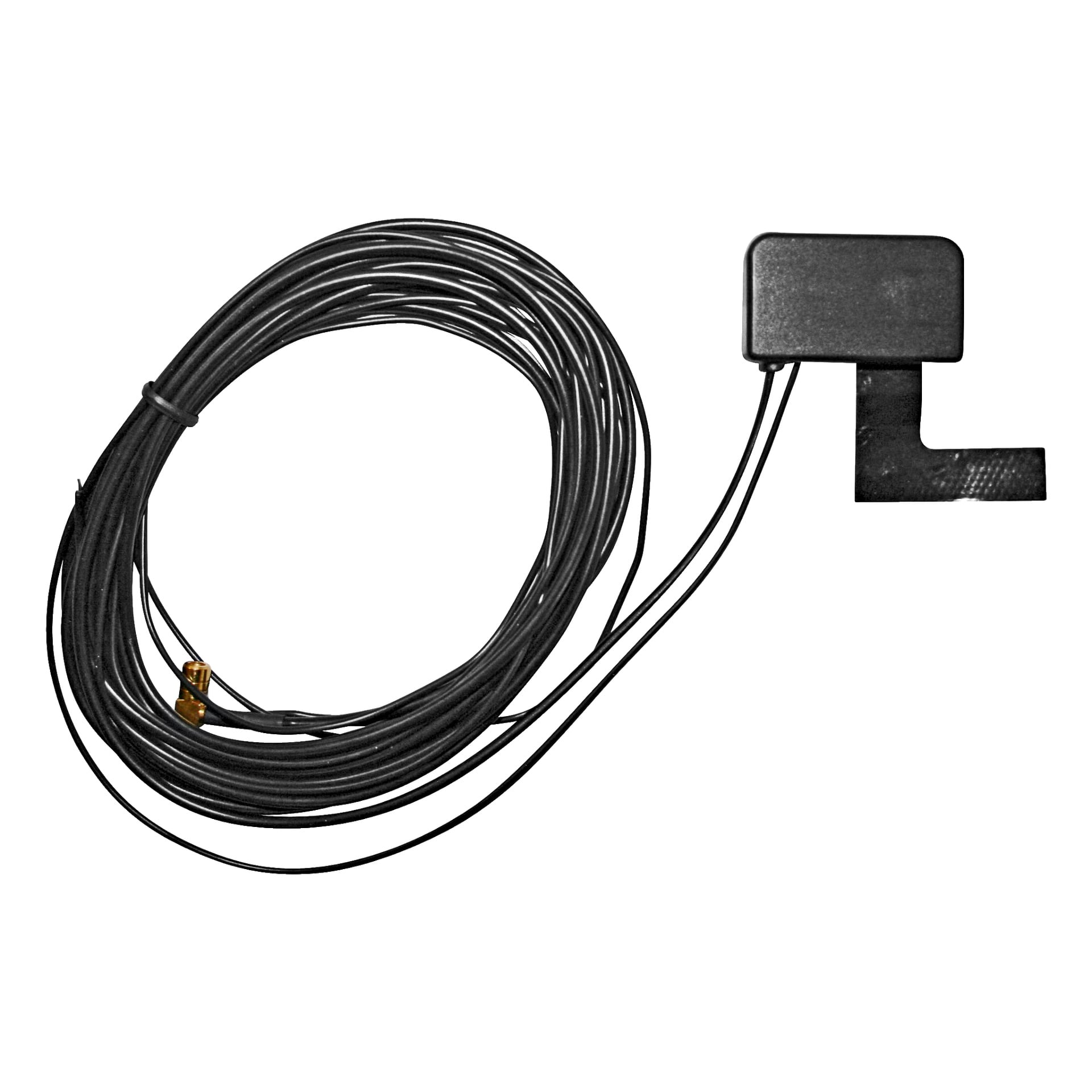 En prydligt spiralad lång svart kabel är kopplad till den kompakta rektangulära Connects2 DAB-antennen CT27UV62, som har en rätvinklad förlängning. Två tunna ledningar går från antennen till huvudkabeln.