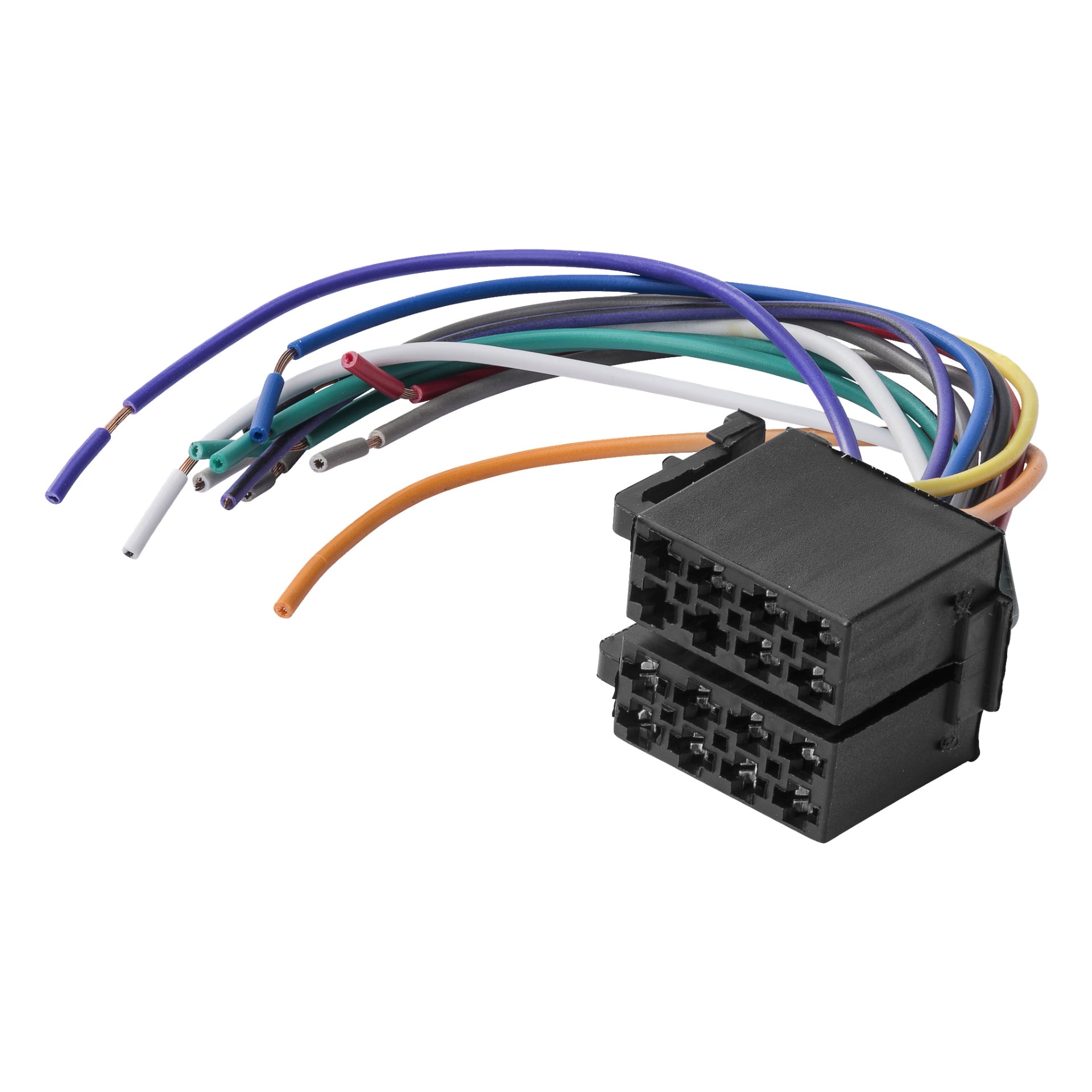 Prostokątne czarne plastikowe złącze firmy Connects2, oznaczone jako Universal ISO cable CT21UV01, pokazujące dwa rzędy slotów zacisków oraz kilka kolorowych przewodów wystających z tyłu z odciętymi końcami, przygotowane do okablowania lub montażu.