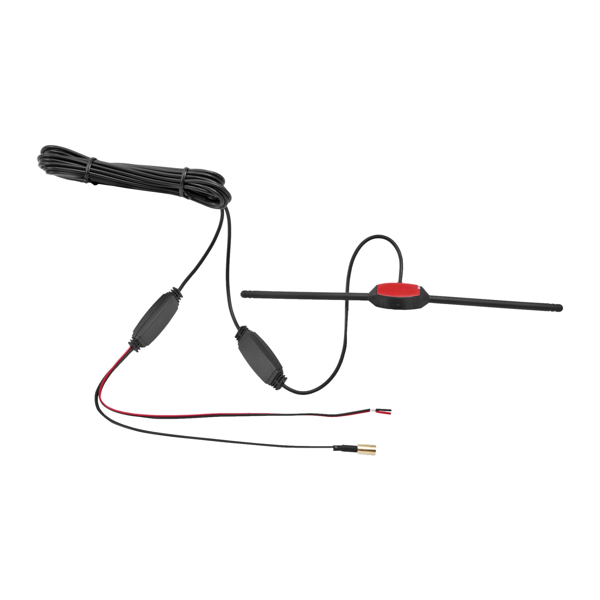 Connects2 DAB-antennens CT27UV82 visas med en lång svart kabel kopplad till två svarta inline-moduler och en röd-svart-kontakt. I mitten finns ett svart och rött hus med två horisontella svarta stavar som sträcker sig utåt.