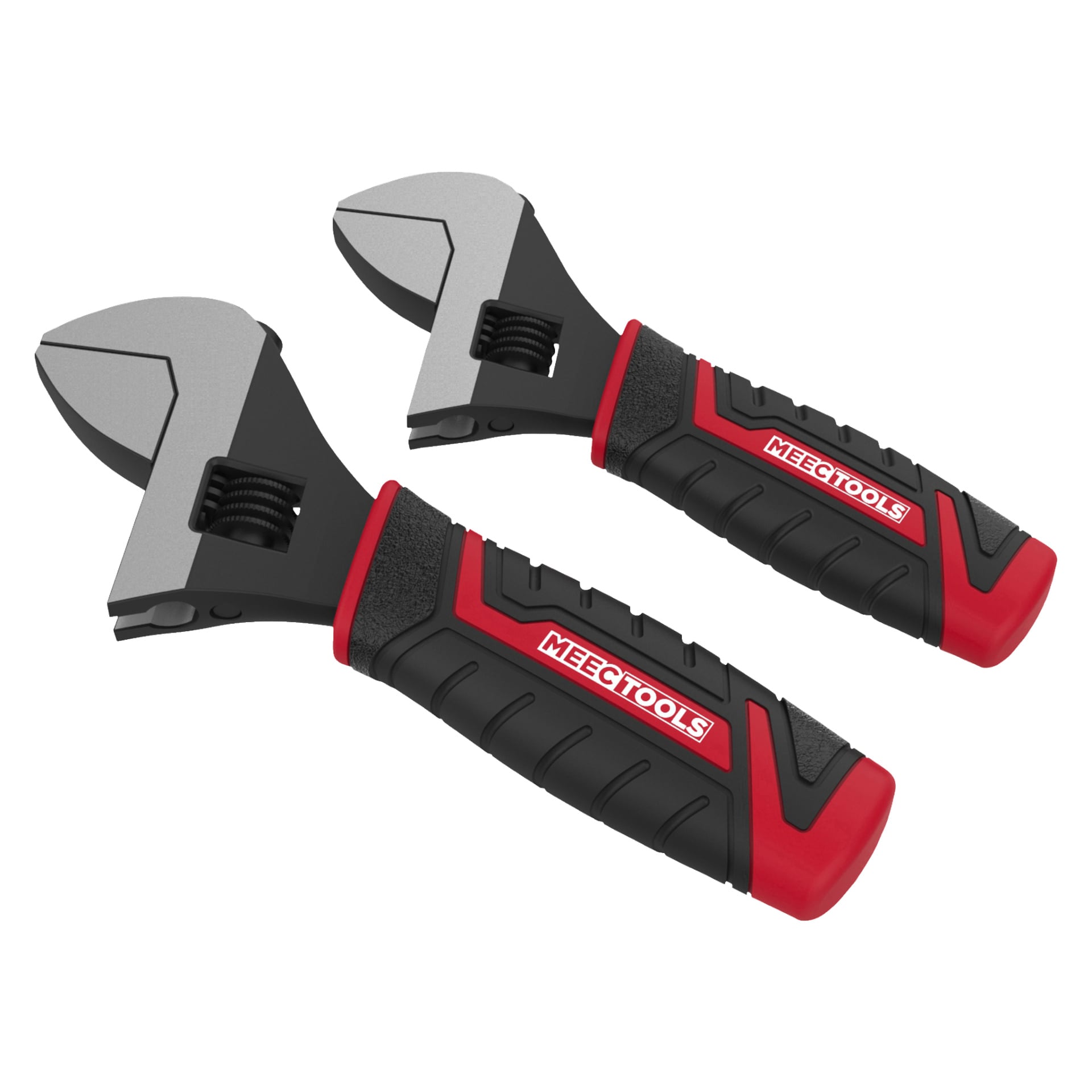 To Meec Tools Adjustable Slippers Stubby 2-pakning med svarte og røde gummihåndtak er plassert ved siden av hverandre.