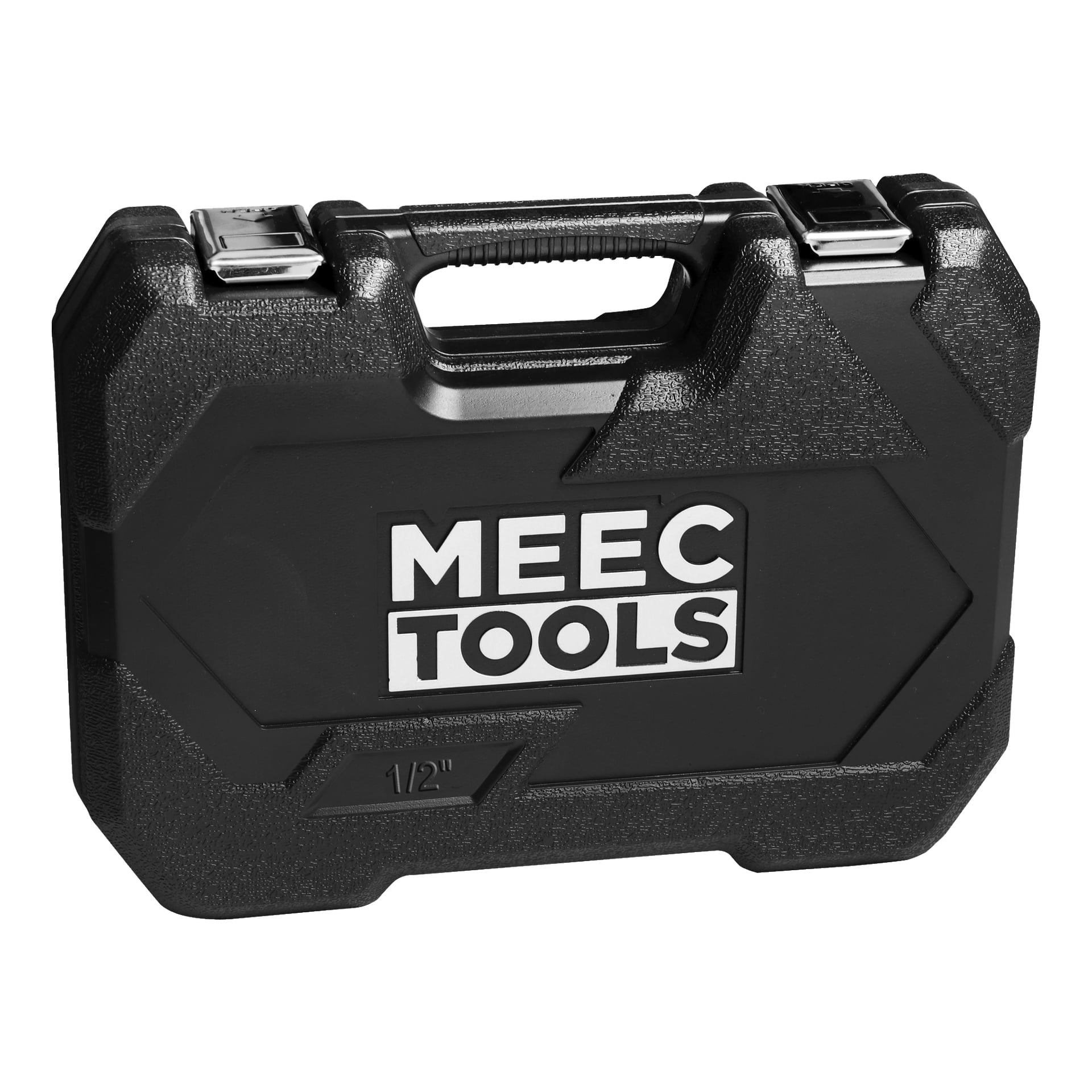 Ett svart plastfodral för Meec Tools 23-delade hylsor med framträdande vit MEEC TOOLS-märkning, robusta metallspännen, ett formgjutet bärhandtag, texturerade detaljer och en upphöjd "1/2"-märkning nära nedre vänstra hörnet.