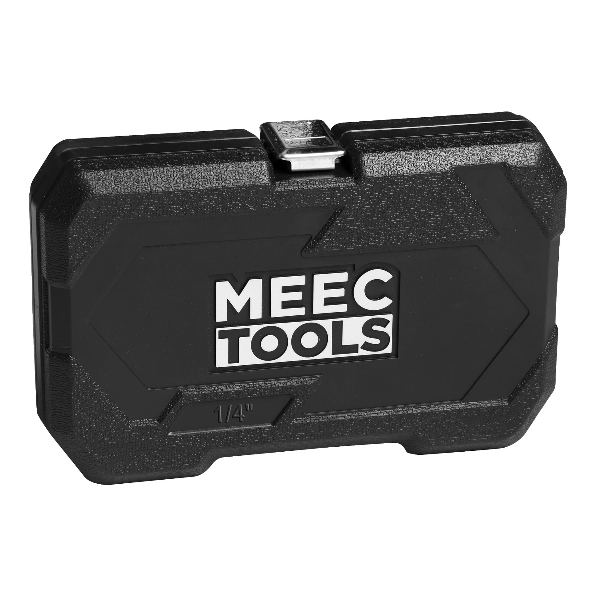 Solidne czarne plastikowe pudełko z fakturowanymi bokami i metalowym zatrzaskiem, z logo Meec Tools i "1/4" z przodu. Obudowa przeznaczona jest do przechowywania zestawu nasadek składającego się z 40 części.