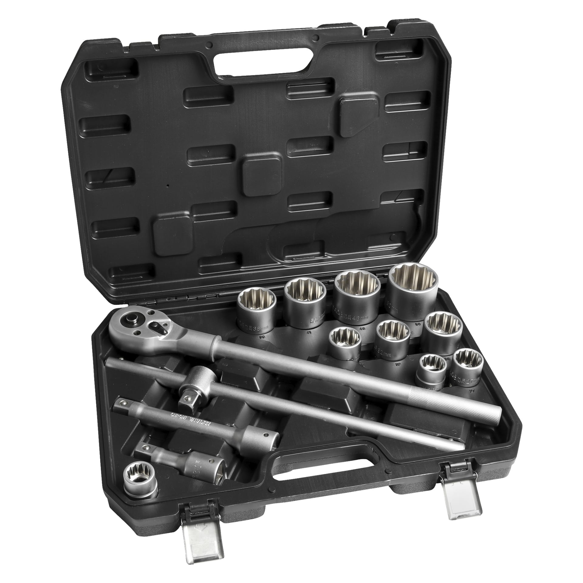 Ett 14-delat Meec Tools hylsset placerat i ett svart plastfodral, innehållande en spärrnyckel, olika hylsor i olika storlekar, två förlängningsstänger och en universalled. Varje verktyg passar i sitt eget formgjutna fack i det öppna fodralet.