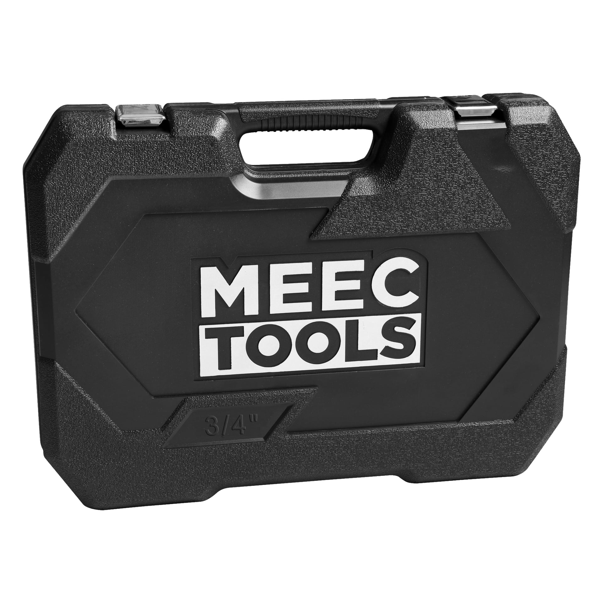 En robust svart plastväska med handtag och två spännen, med "Meec Tools"-logotypen tryckt i vitt. Nedre vänstra hörnet visar "3/4". Inuti innehåller fodralet ett 14-delat hylsset.