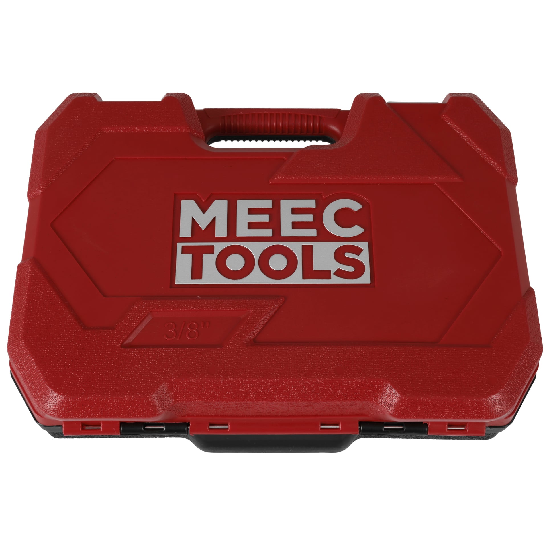 25-delat hylsa i ett rött plastförvaringsfodral präglat med MEEC TOOLS och 3/8 på locket.