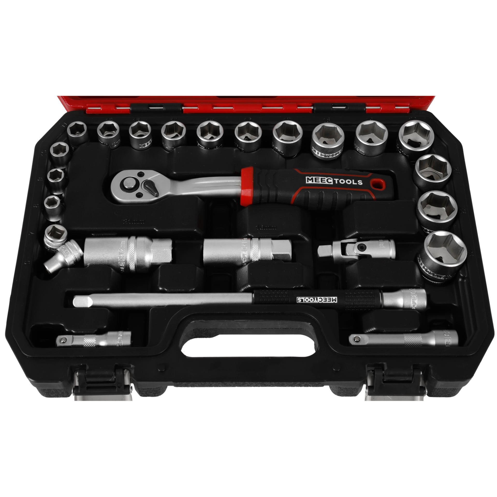 Ett hylsset med 25 delar arrangerat i en gjuten bärväska, inklusive spärrspärr, olika hylsor och förlängningsstänger, med Meec Tools tryckt på spärr- och förlängningsstången.