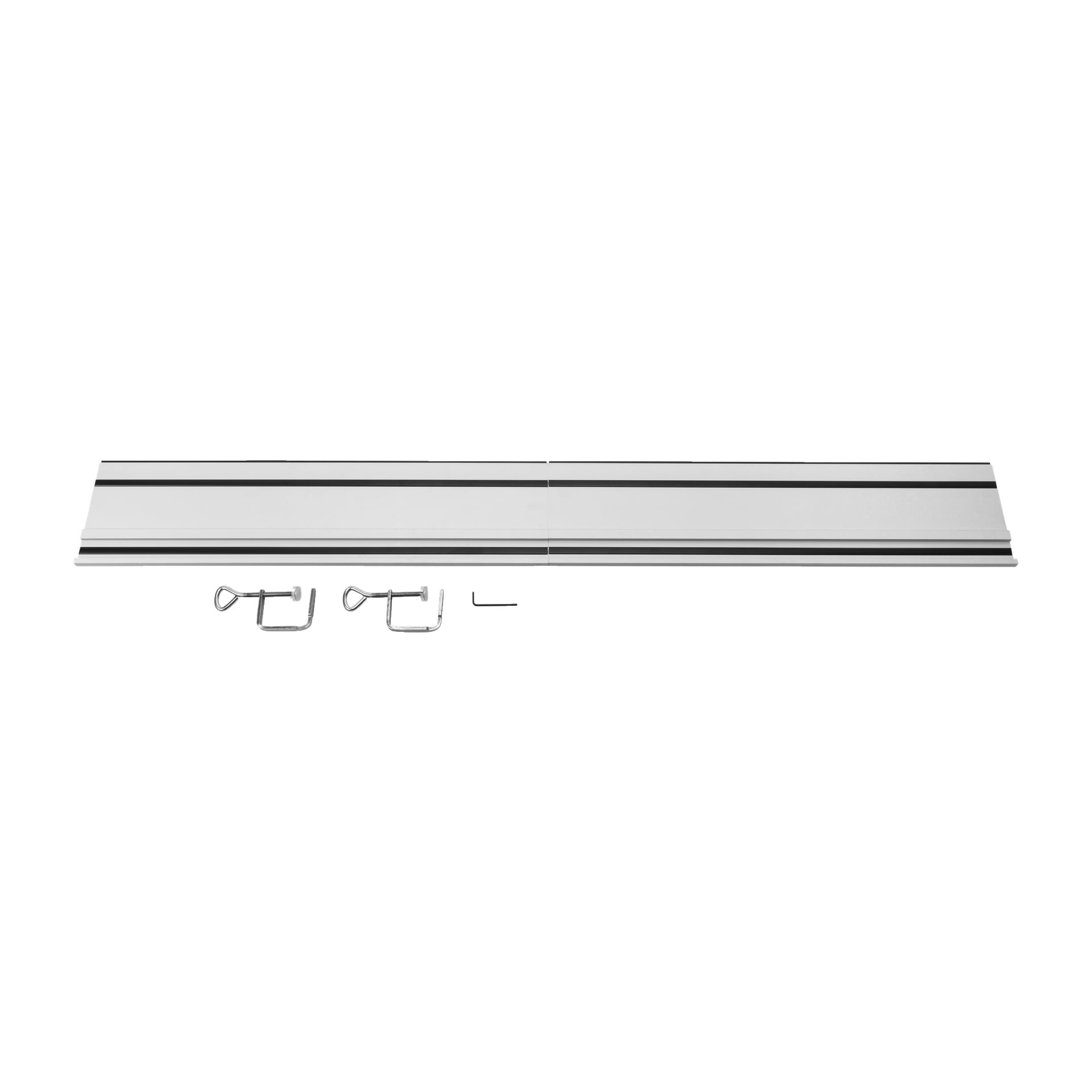 Två Meec Tools-styrrännor med parallella svarta remsor löper längs sina längs, visade tillsammans med två fästklämmor och en liten insexnyckel.