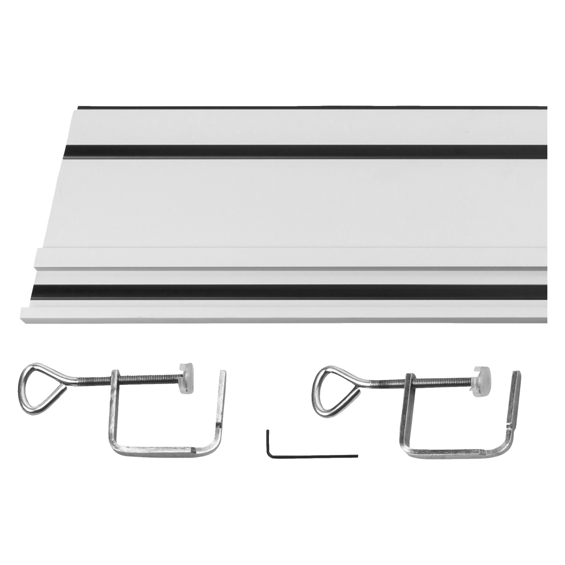Meec Tools Guide rail 2-pack med ett vitt metallband med två svarta spår, tillsammans med två metallklämmor med plasthandtag och en liten svart insexnyckel, allt prydligt arrangerat.