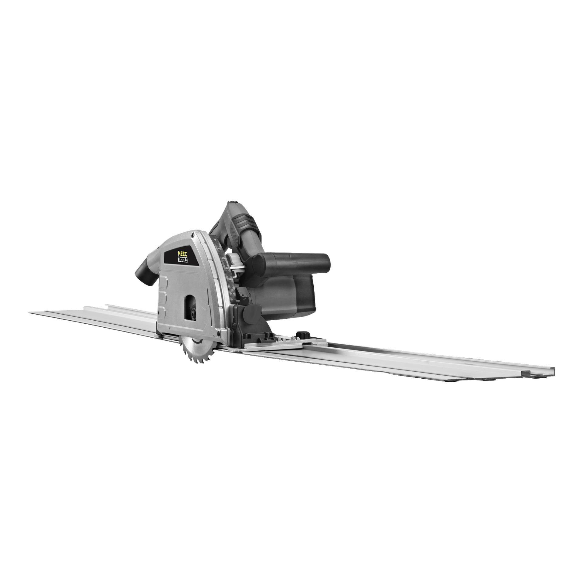 En silverfärgad och svart Meec Tools Plunge-såg CI-W HOME 300 med ett cirkulärt blad vilar på en metallstyrskena för rak skärning.