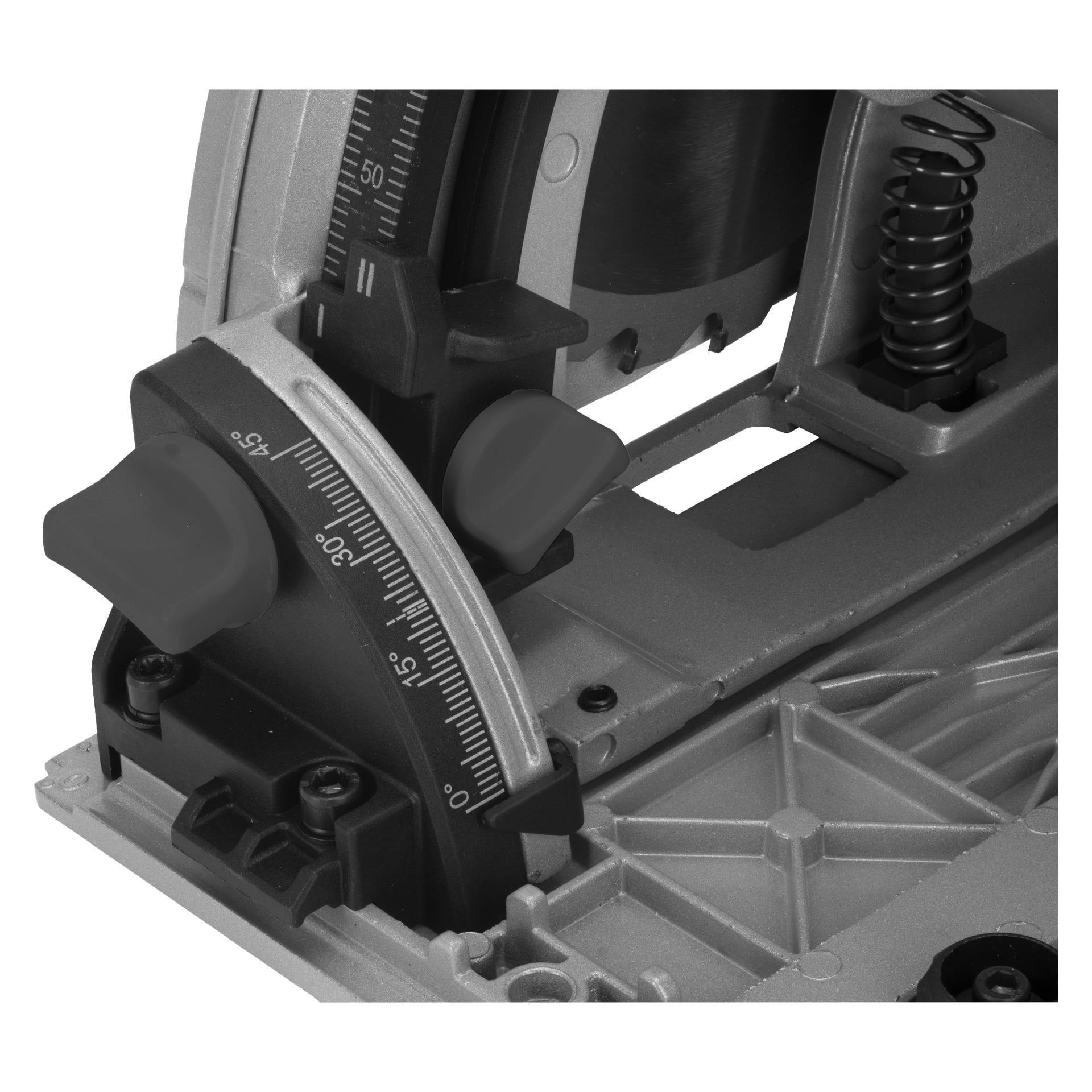 Detaljerad vy av Meec Tools Plunge-såg CI-W HOME 300 vinkelmätare, skala 0°–45°, med justeringsratt och metall/plast-konstruktion.