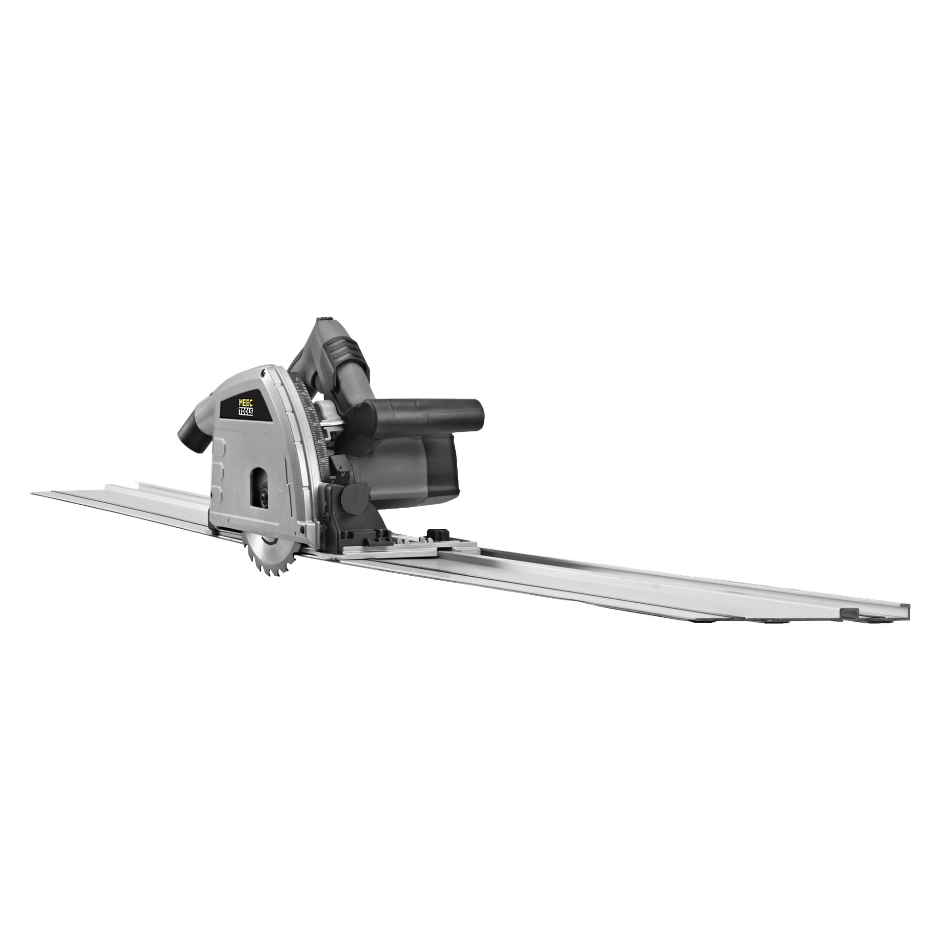 Meec Tools Plunge-såg CI-W HOME 300 med dammutsugningsport och svart handtag är placerad på en metallstyrskena.