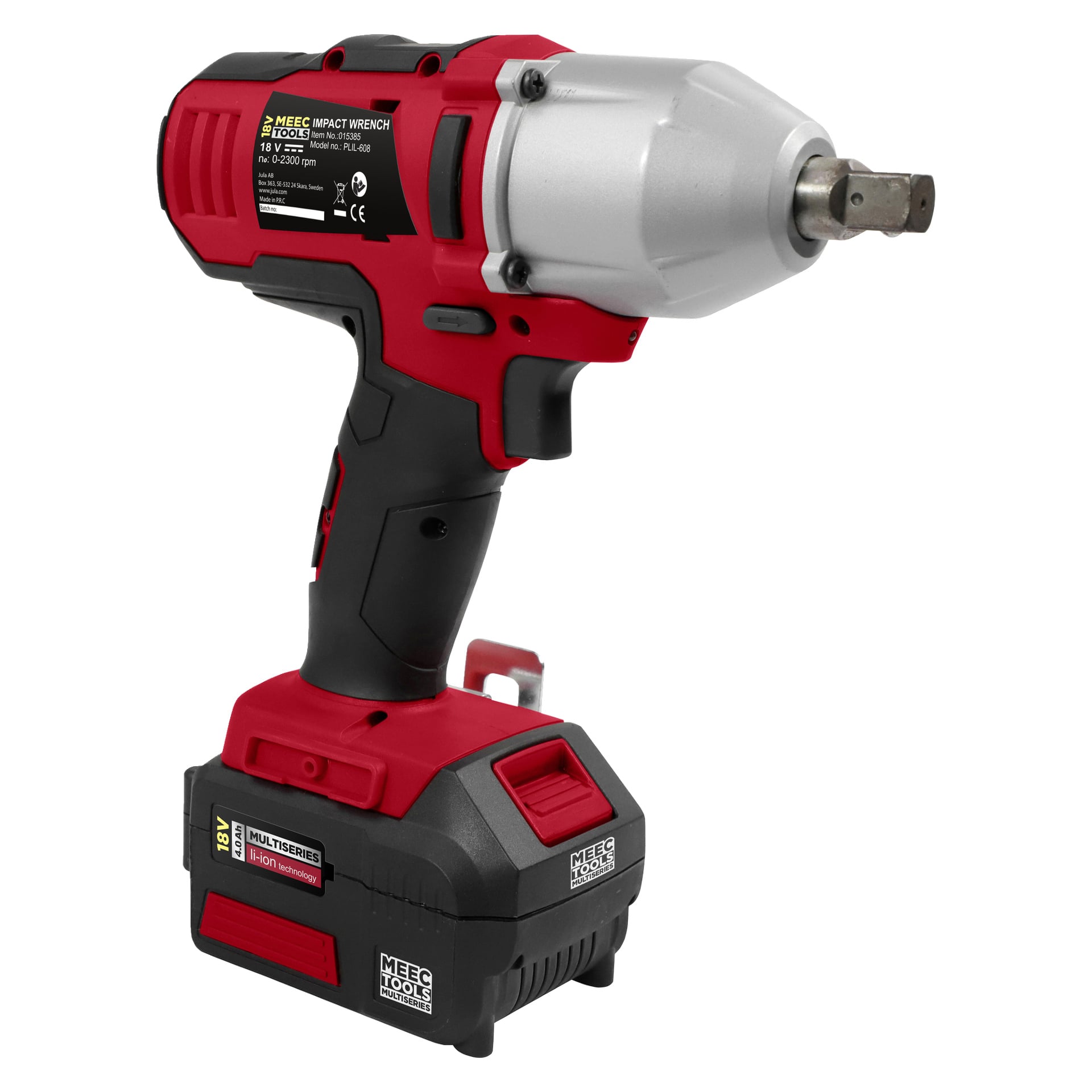En röd och svart Meec Tools Multiseries batteridriven slagnyckel IW-18V EASY 100 med metallhuvud, märkt som en 18V Li-ion-modell, står upprätt på sitt batteripaket.